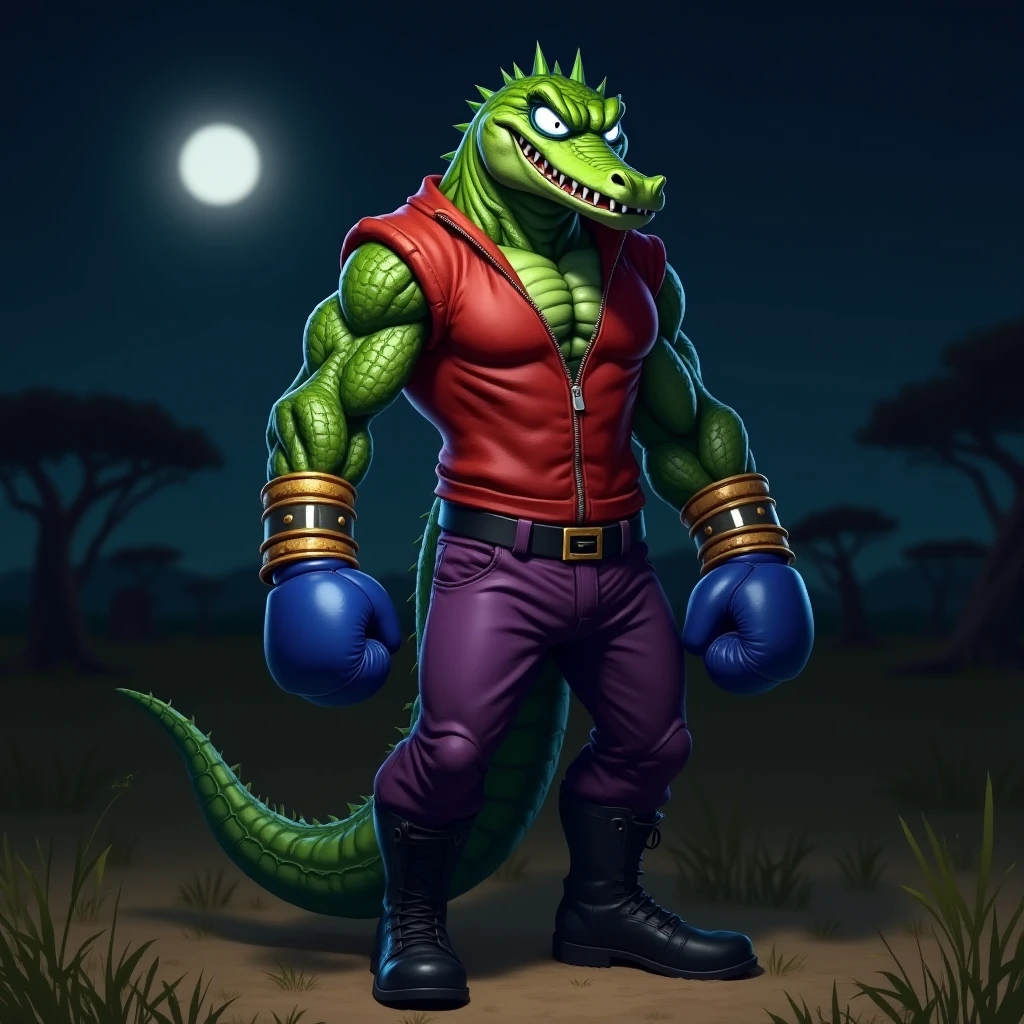 Detailed picture of a confident male villain wrestler anthro, (crocodile, olive green, lean body) squat down on a wrestling ring, trending on Art Station, Ross Tran, ruan jia, foxovh, ((smirk expression, gritting teeth, let he's hands hang limp, wearing charcall wrestler brief, wearing wrestling protective gear, with a metal chain around he's neck, (((dynamic lighting,))), cartoon