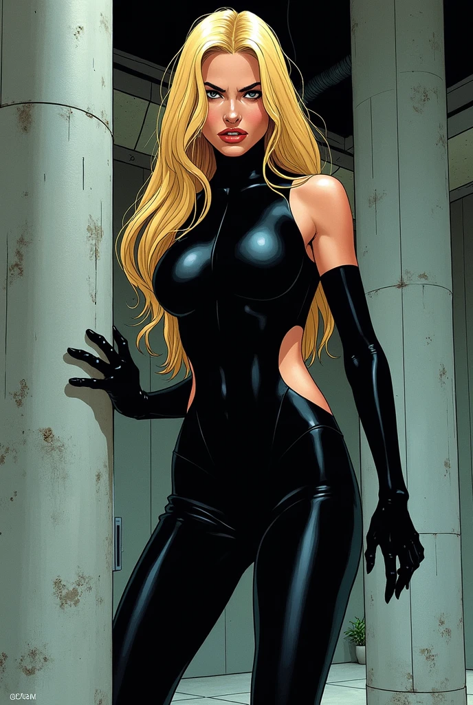 .21 years old woman , long and smooth blonde tone hair, completely black eyes, she opted for a mercenary outfit. Booty, busty. Comic style. Marvel comics