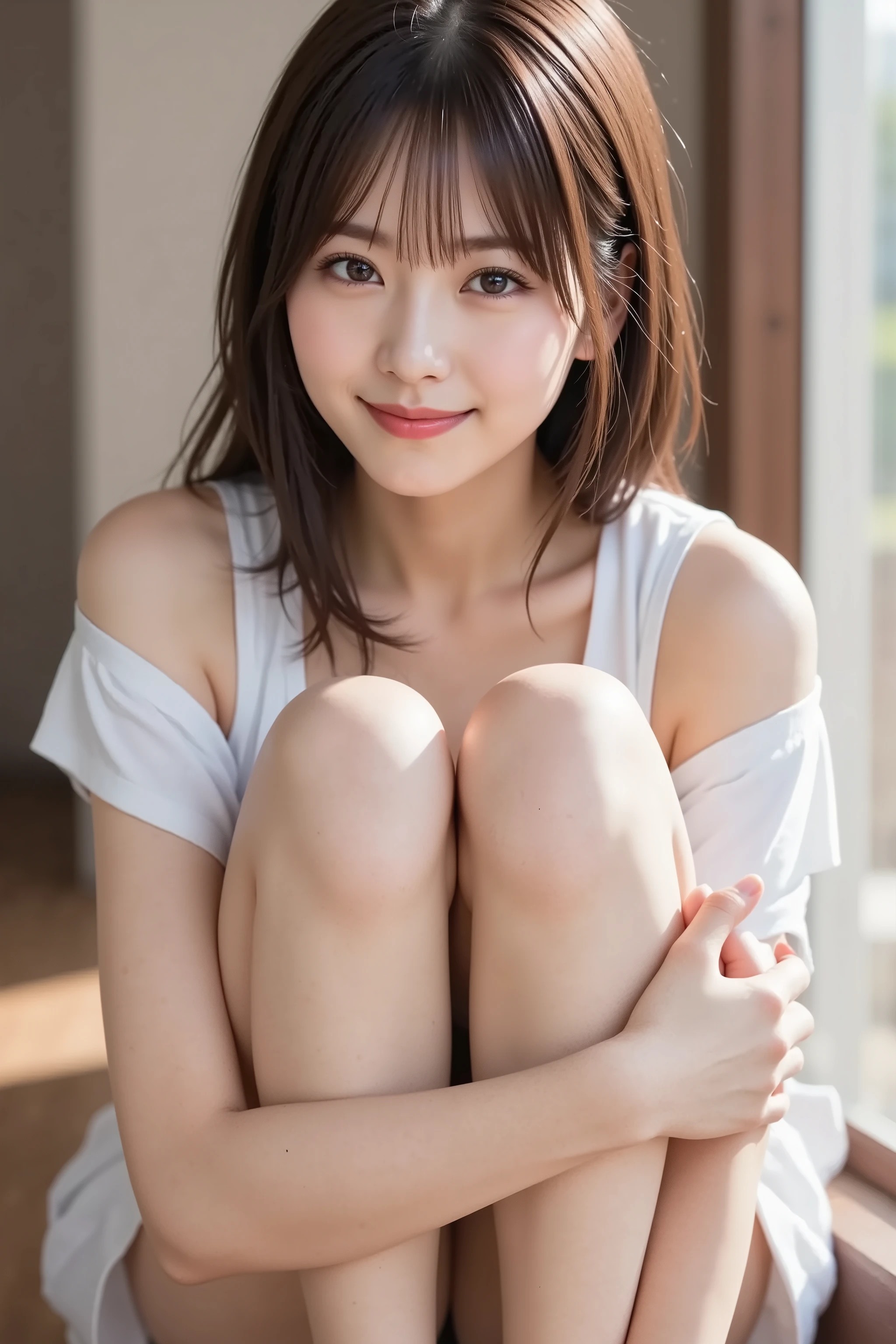 The face is positioned exactly in the center of the image , sitting on the floor hugging knee , fully reflects the entire head , Face clearly visible, bungs, smile, Young and cute Japanese faces , Hi-Res CG Unity 8K Wallpaper, very detailed, Film Grain , White and Red Lens Flare Sparkle , top quality ,8k, viewer , masterpiece , top quality , very detailed , cute , external background , very detailedな , Detailed Features , beautiful , beautiful Japanese woman, Female 1