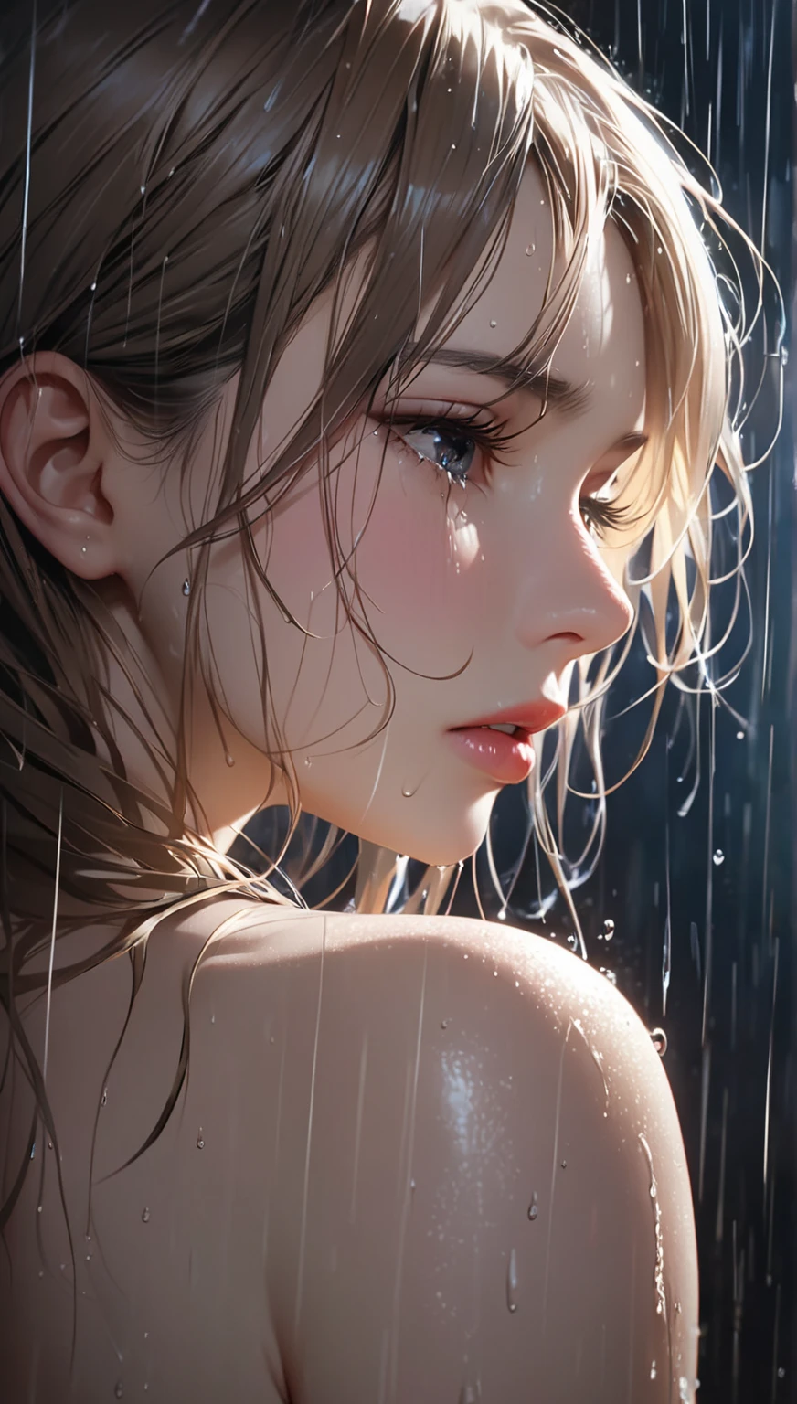 feel the rain on your skin, a beautiful woman with wet skin, wet hairs, on her knees, face between hands, lonely and desperate look on her face