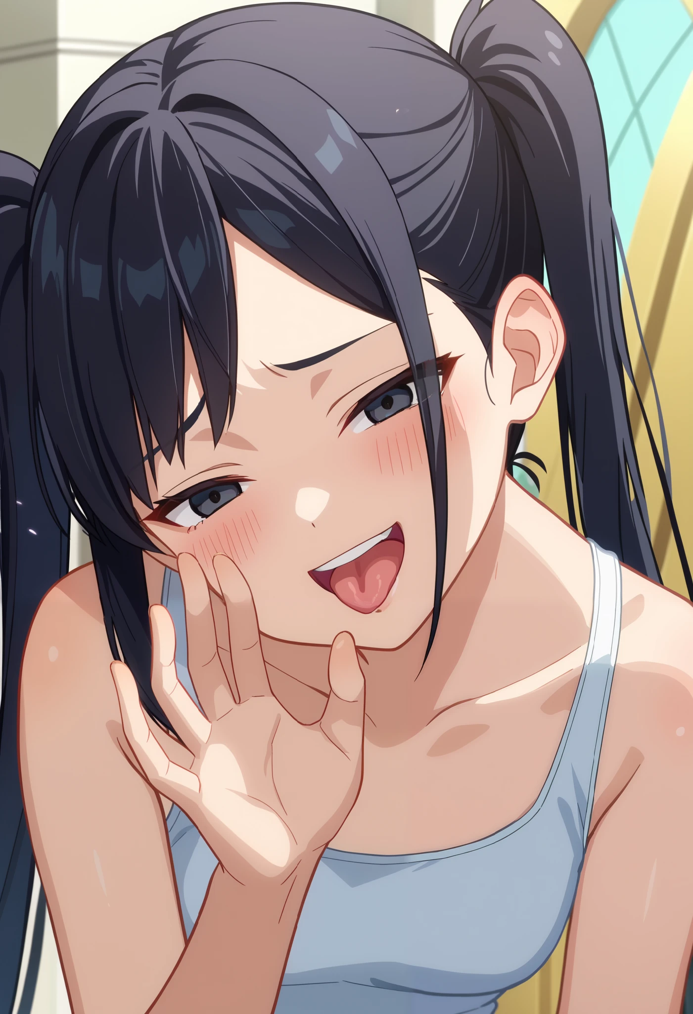 score_9, score_8_up, score_7_up, source_anime,
BREAK
1girl, Alone,
Shirenzan Castle , anime screencap, anime coloring, long hair, black hair, black eyes, black hair、twin tails、tank top、露出度高めのtank top、 rice, rice, open your mouth, smile, , viewers, hand up, with semi-closed eyes , tooth, teeth,blushes、Whisper here、 ridicules、stick out your tongue、turn up one's nose、