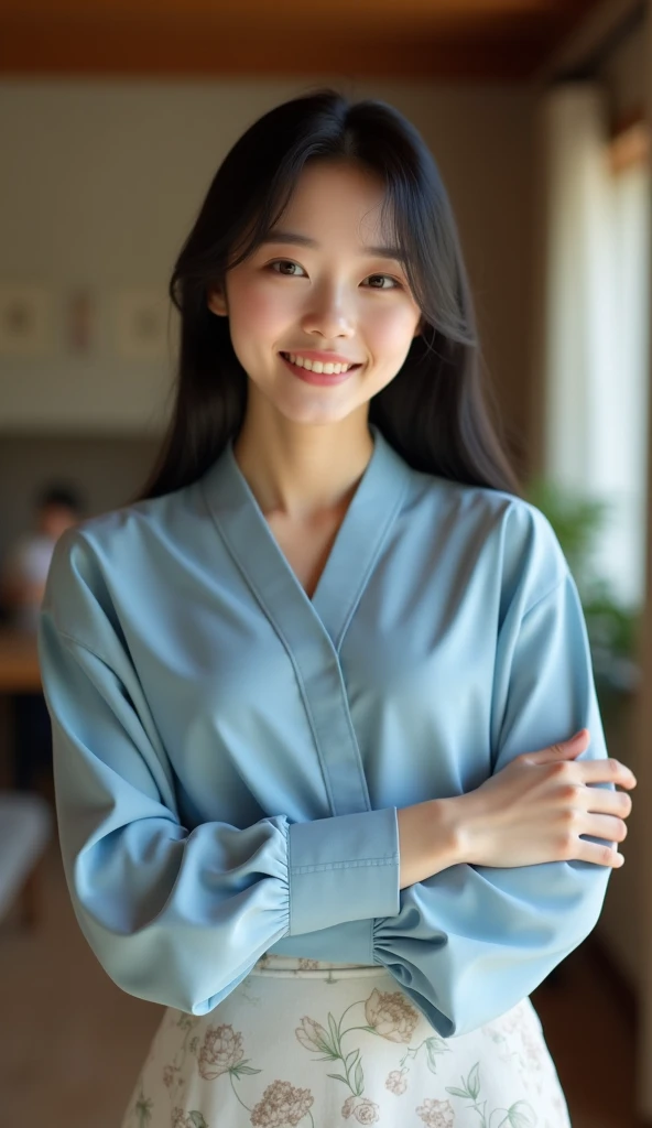 Create a close-up image of a beautiful Japanese female dental hygienist with a seductive smile。She was wearing a tight dental hygienist uniform.、プロフェッショナルさとcharmを強調しています。Her hair was neatly tied up.、She has an elegant look with her medium wavy hair style.。The background is a softly blurred dental clinic、The warm lighting highlights her features.。The makeup is perfect、特に目と唇に重点を置いて彼女のcharmを引き立てています。Confident、She has a slightly mysterious look、Elegance、charm、And it creates a professional atmosphere.。It fits her body perfectly、Show off your curves but still look polished and professional。makes her silhouette look elegant、Make sure to highlight her style。