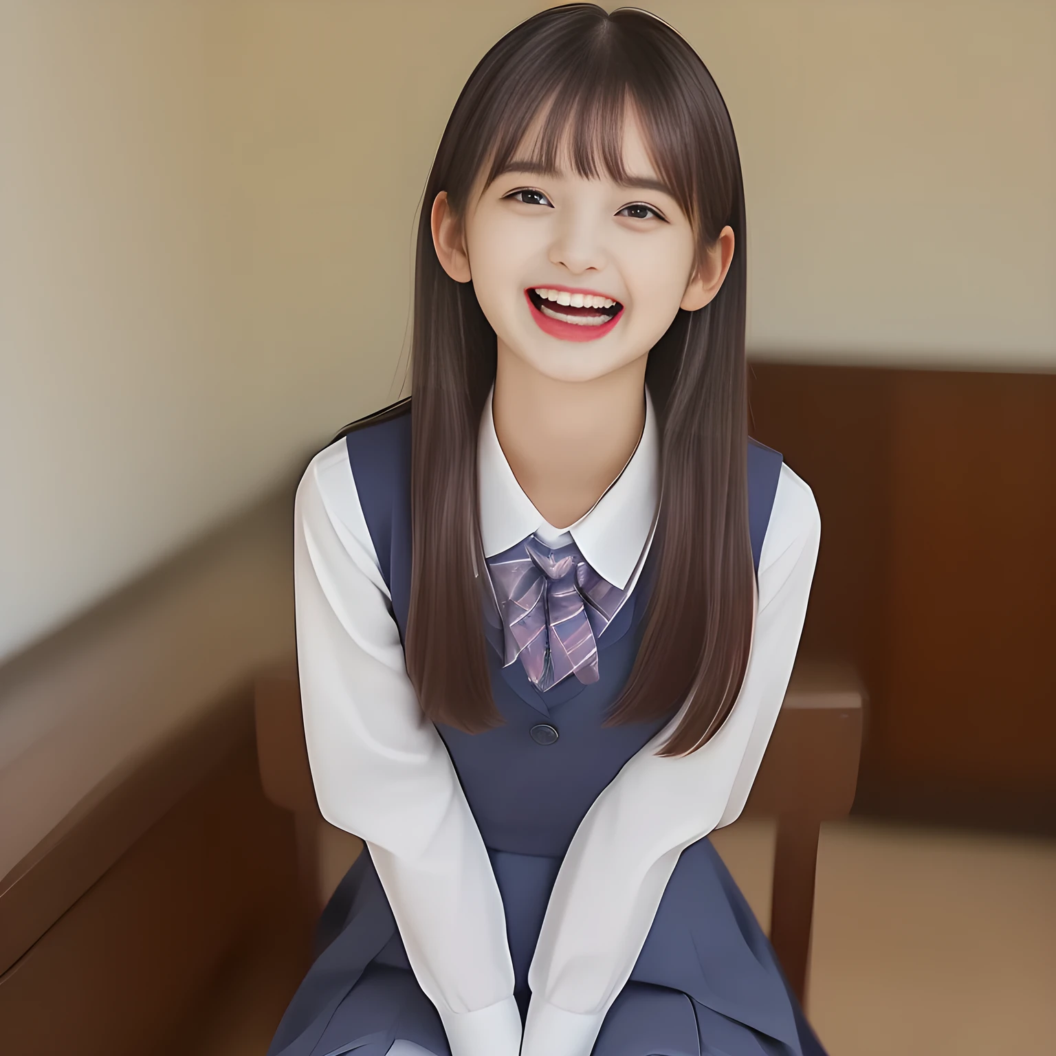 (highest quality, masterpiece, high resolution:1.2), 4K, (Photo quality detailed foreground: 1.2), geometry, ((Two yo too beautiful girls), Cute noble beautiful slender girl girly very-long-hair Japanese photo model seated in a white room and looking at the viewer with her too beautiful eyes like ( fashion model's laughter): 1.3), (Using expensive face-whitening cosmetics to make her skin more beautiful and pure by professional makeup artist: 1.5), (devious girlish fascinating laughter in bliss, devious girlish pose: 2.0), Laughing cutely, ((Dark blue) Japanese school girly vest Uniform with neat girly light-yellow short-sleeves school blouse, puffed short sleeves: 1.2), (white socks and school loafers, kicking back: 1.5), (Dark red glossy glossy school ribbon on the breast: 1.0), (Extremely laughing cheeks: 1.8), (Beautiful light-amber large clear open eyes with balanced and detailed cutely: 1.4), (double eyelids: 1.0), (highly curled bangs: 1.2), (Expressing the greatest joy with her whole body: 1.2), (Glossy lips: 1.0), (too long very straight hair reaches her hips: 1.7), (cute earrings), (making the viewer crazy with her beautiful hands: 1.6), (white and clear skin: 1.0), (Laughing 13 cute princess's eyes looking at me: 0.8), (Very shy, cute, slender, pretty, pretty, too girly & Girlish: National Beautiful Girl Grand Prix winners: 2.0), (Everything is organized to have strong effect of hypnosis for the viewer to fall into happy dream with many beautiful girl's laughter: 1.5), (The viewer must be transferred to the world of only beautiful girls right now when he sees the laughter of girls in the picture: 2),(Tight waist, slender: 1.5), (The neat girls know well about the viewer's super fetishism for school uniforms, and satisfies the viewer completely with skirt: 1.9), (pretty girl: 2)