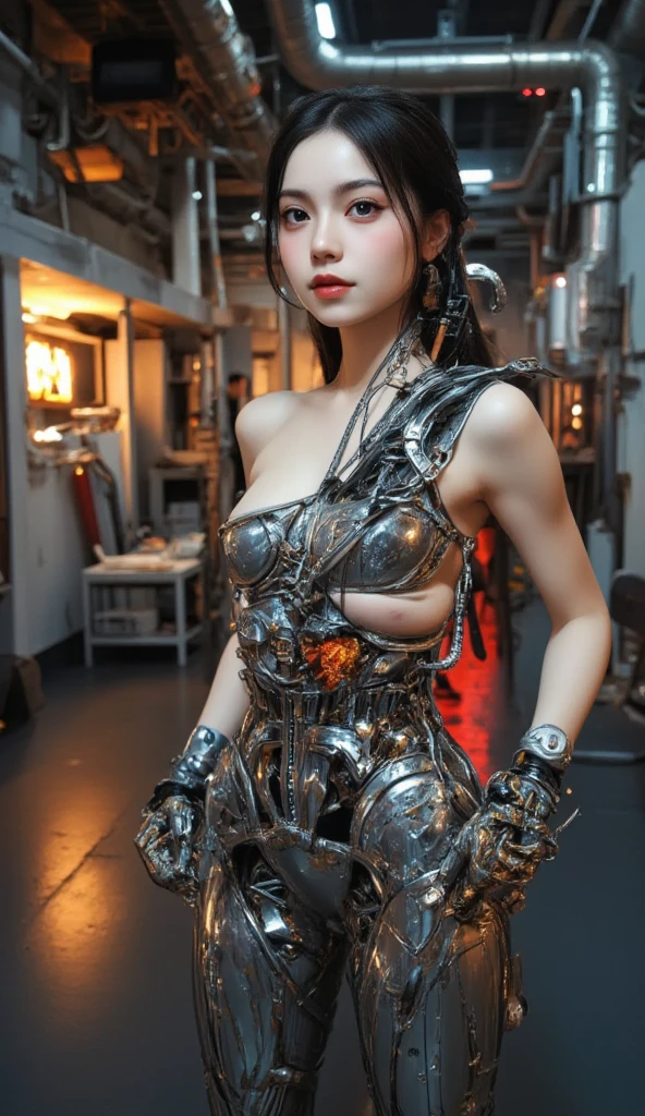 beste-Qualit、巨作、ultra-high-resolution、(photoreallistic:1.4)、Raw photo、1 girl with big、Black hair、glowy skin、1 Mechanical Girl、((hyper realistic detail))、portlate、Global Illumination、Shadow、octane rend、8K、ultrasharp、big tit、Raw skin is exposed in cleavage、Details of complex ornaments、Sumerian details、extremely intricate detail、Realistic light、CGSoation Trends、purple-eyed、radiant eyes、Facing the camera、neon details、Mechanical limbs、blood vessels connected to tubes、Mechanical vertebrae attached to the back、mechanical cervical attaching to neck、sitting on、Wires and cables connecting to the head、evangerion、Small LED lamp、The background is a steampunk city、