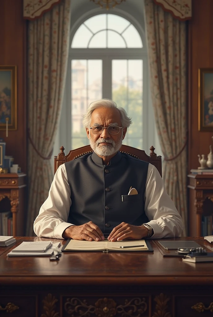 (realistic:1.3), finely detailed, quality, rembrandt lighting, (masterpiece:1.2), (photorealistic:1.2), (best quality), (detailed skin:1.3), (intricate details), dramatic, Prime Minister of India, Playing Free fire, sitting in chair near a table where indian flag situated, carrying a mobile phone