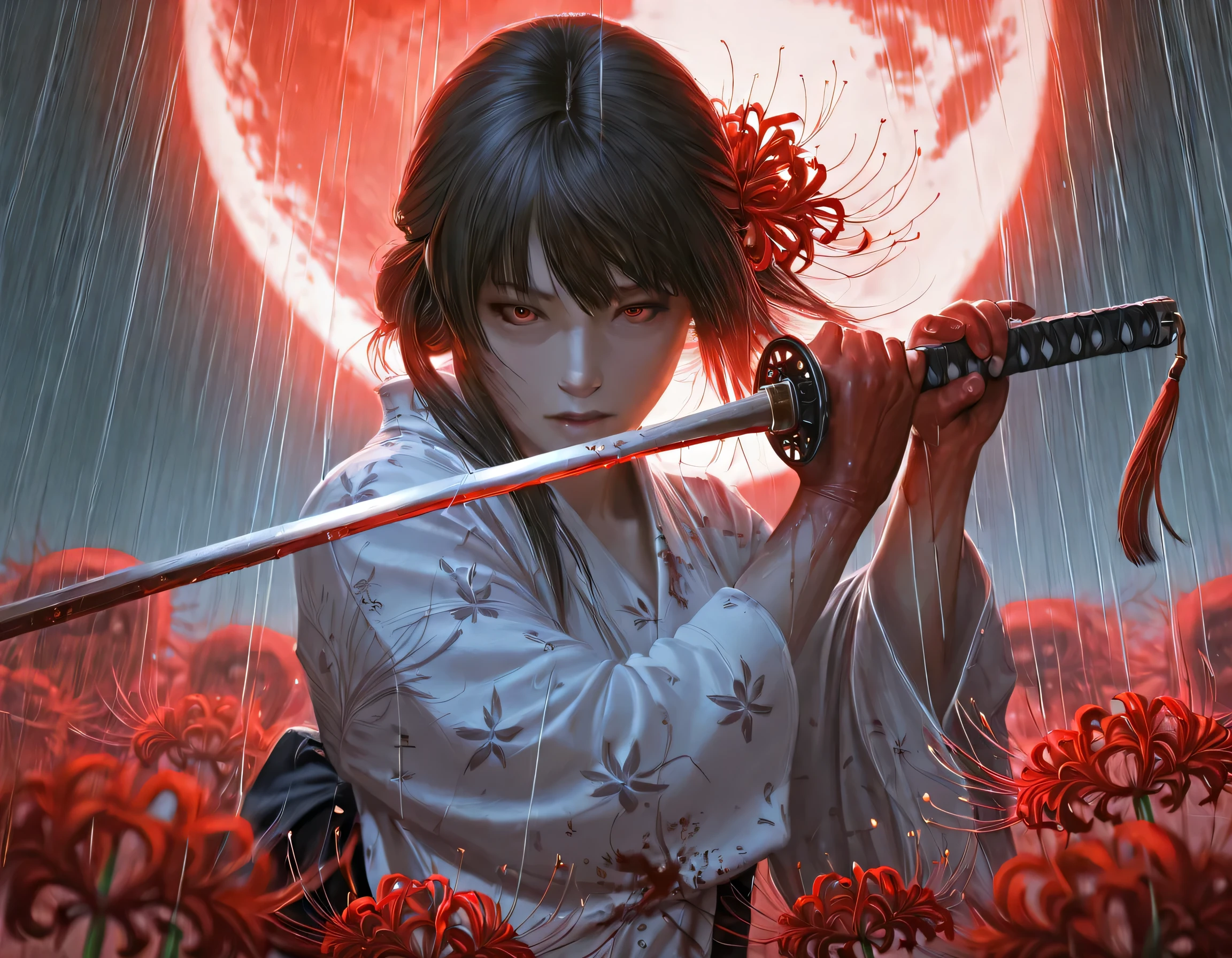 dramatic scene, 1girl, solo, katana, yukata, blood moon, red spider lily, ultra-detailed, masterpiece, professional, photorealistic, hyperrealistic, 8k, dslr, natural lighting, vibrant colors, highly saturated, cinematic, dark fantasy, horror, moody, atmospheric, close up, blood,rain blood,(sword katana), monster Hands,