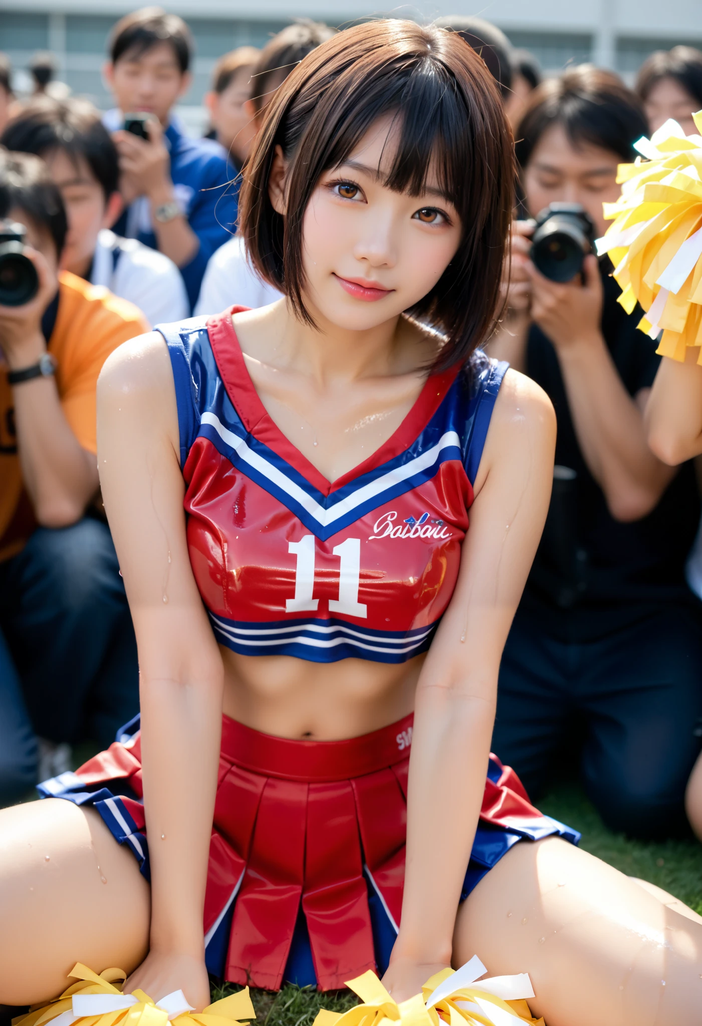 (8K、top-quality、masterpiece:1.3)、(realisitic、Photorealsitic:1.5)、Beautuful Women:2.0、20yr old、cute little、(A smile:1.6)、(Open your mouth slightly)、((cheer girl:1.8))、(skirt by the)、full body Esbian、((toppless))、((top-quality))、((ultra-detailliert))、The background is the stadium、Floating hair、((hairstyle is short bob))、(Soft boobai)、Beautiful detailed body、Detailed eye、(top-quality)、cleavage of the breast、1 persons、Sexy navel、thighs thighs thighs thighs、Cheer Dance Club、big eye、japanes、Cheer Dancer、Latina、(perspiring)、(captured from behind)、s ass、low angles