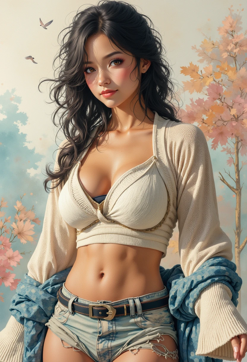 (8K, highest quality, masterpiece:1.2), (highest quality:1.0), Porn pictures of big breasted women in underwear, 1 girl, nipple, alone, chest, clothing lift, realistic, black hair, (ultra high resolution:1.0), watercolor, Beautiful woman, shoulder, Written by Agnes Cecil, bust, very bright and bright design, pastel colour, (ink:1.3), autumn lights