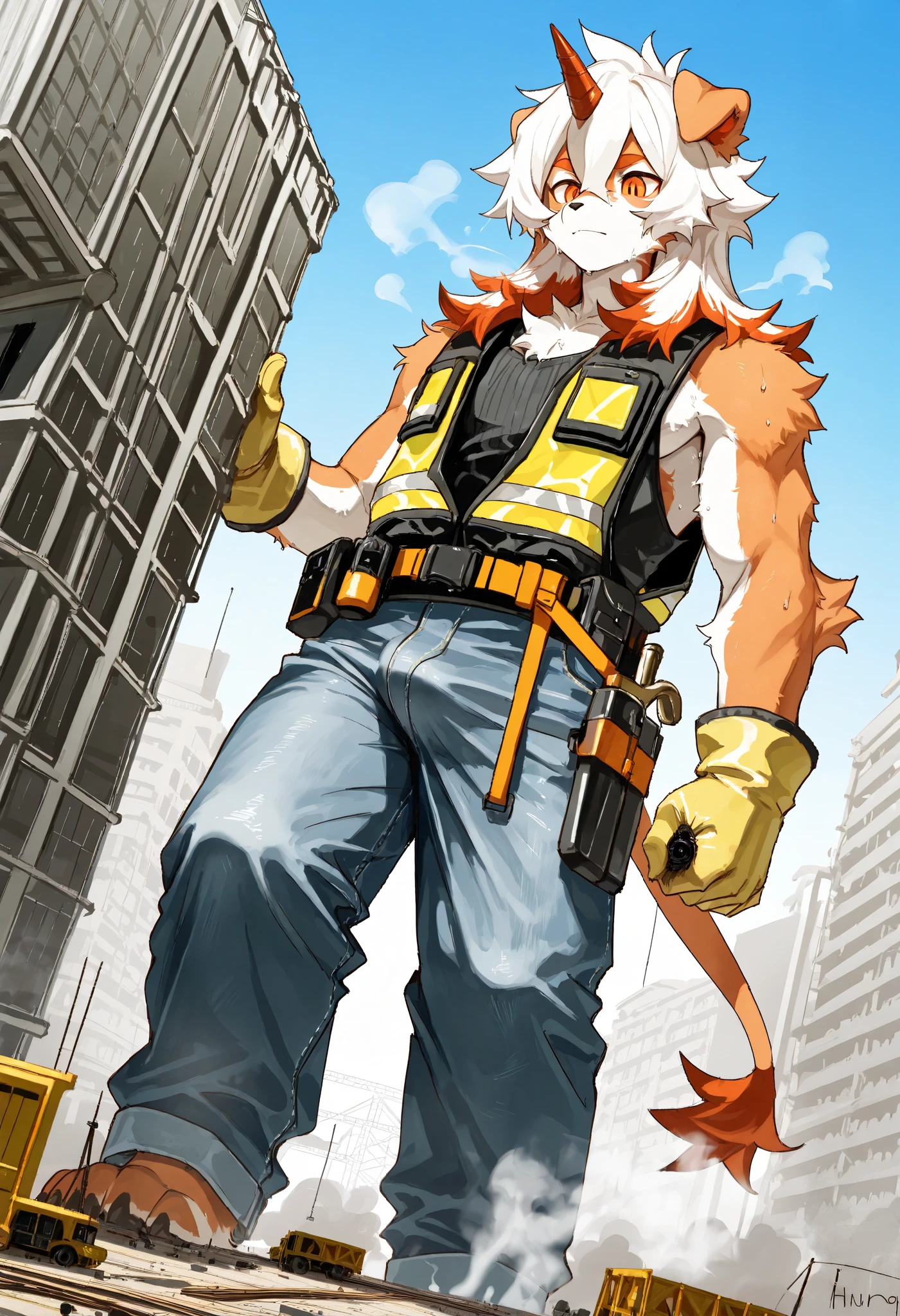 score_9, score_8_up, score_7_up, score_6_up, furry, anthro, solo, hung, perro, arknights, two-tone fur, medium hair, white hair, single horn, orange eyes,(macro size: 1.6), (a giant furry hung in a fantasy town: 1.1), describe image of a giant hung doing something in a fantasy town,musk, ((musk steam at body)), ((musk steam at groin)), sweaty, bulge,
dutch angle, closed mouth, construction site background, construction worker, yellow hard hat, (black safety vest:1.1), (yellow safety vest:0.9), shirtless, brown work gloves, tool belt, denim jeans,