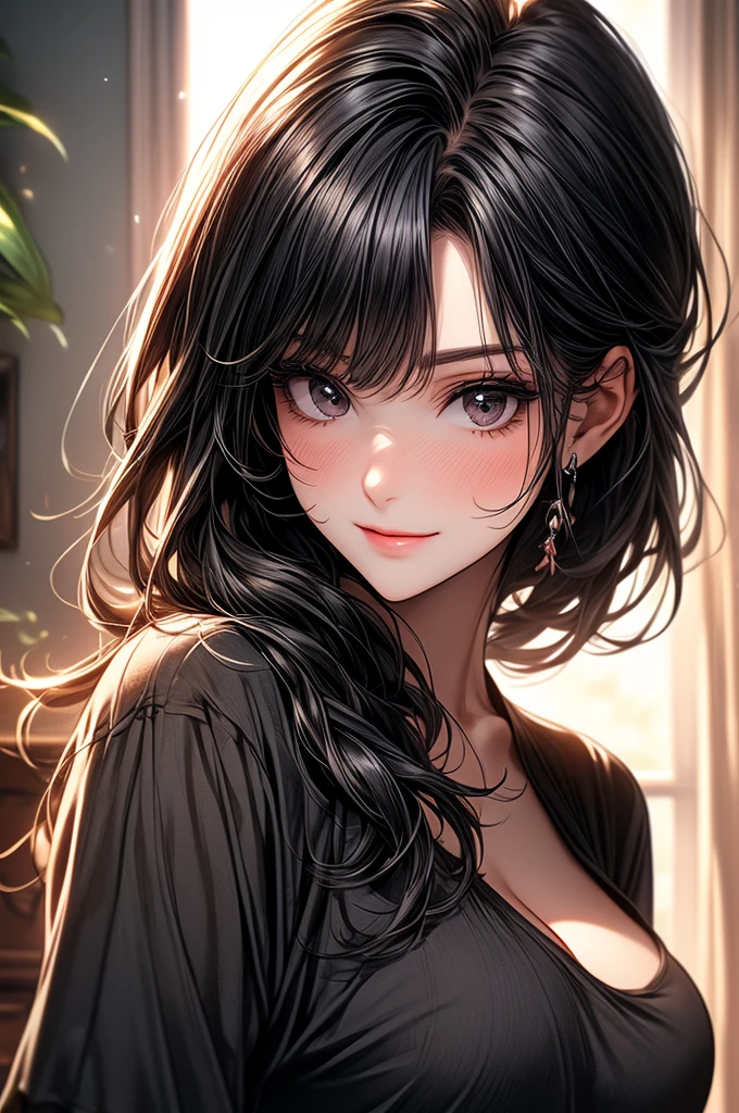 masterpiece, Highest quality, figure, Very detailed, The finer details, High resolution, 8k,wallpaper, Perfect dynamic composition,(Detailed high quality, Realistic depiction of eyes:1.3), (One girl), Black dress, Seraphim, Long Hair, Loose roll, Center parted bangs, Large Breasts, Black hair color, Big Natural Color Lip, (Perfect figure), Smiling a little、27-year-old woman、Beauty type、Beautiful feet,