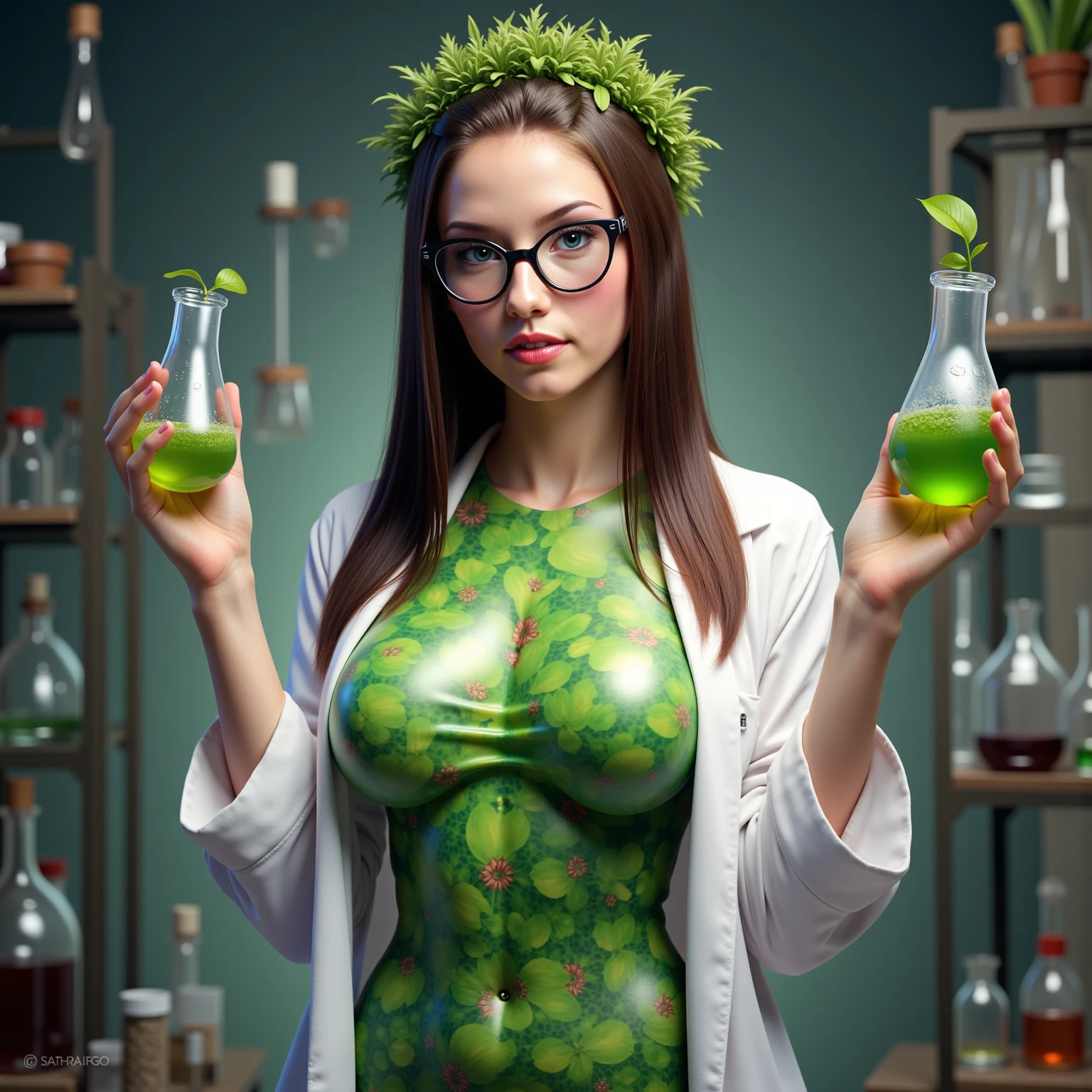((highest quality、table top、8k、best image quality、hyper realism、software))、(A 30 year old beauty:1.1)、1 woman wearing a white coat、with jade heart pendant, female scientists、standing in a university laboratory、(Classy glasses:1.1)、(detailed medicine cabinet:1.3)、perfect anatomy、shirt and white coat、cleavage、look at me and smile、upper body photo、she has a ((jade heart necklace)) on, long hair、bright lighting、The most detailed and complex laboratory background、Ultra high definition beauty face、ultra high definition hair、Super high-definition sparkling eyes、(Super high resolution glossy white skin:1.1)、Super high resolution glossy lips
