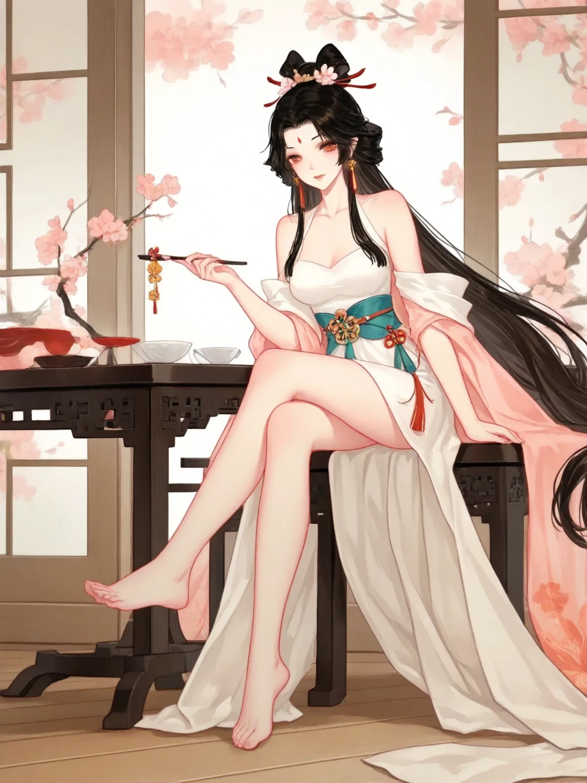(masterpiece, best quality: 1.2), traditional Chinese ink painting, A cute 18 year old sexy girl with big breasts, sexy white lace , Oversized dress :1.5, unparalleled masterpiece, ultra realistic 8k CG, perfect artwork, ((perfect female figure)),mature female, milf,chinese deity, alluring, clean, beautiful face, pure face, pale skin, absurdly long hair, divine goddess, shiny skin, old chinese building, skindentation,delicate pattern, intricate detail, (rich:1.4),fantasy, divine, clean, rich, prestige, fantastic, supreme, apex, paramount, goddess, lace, lace trim, delicate pattern, shiny skin, gold, royal, queen, supernatural, phenomenal, fabulous, marvelous, stupendous, terrific, spotlight, extremely detailed face, super idol face,messy hair, perfect lighting, plentiful, (detailedlight),((anextremelydelicateandbeautiful)),dramatic_shadow,ray_tracing ,((Legs apart,full body)), ((ancient china background, china patterns, shawl, hagoromo, hanfu, detailed clothes,chinese pattern dress)), (indoors + dark vibe + china courtyard + pond + pavilion + peaceful + bridge + trees),school uniform, wide thighs, improper sitting, crotch visible