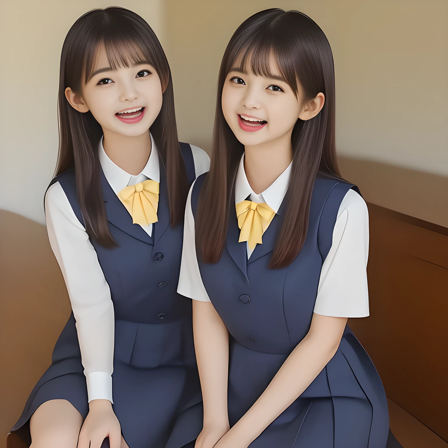 (highest quality, masterpiece, high resolution:1.2), 4K, (Photo quality detailed foreground: 1.2), geometry, ((Two yo too beautiful girls), Cute noble beautiful slender girl girly very-long-hair Japanese photo model seated in a white room and looking at the viewer with her too beautiful eyes like ( fashion model's laughter): 1.3), (Using expensive face-whitening cosmetics to make her skin more beautiful and pure by professional makeup artist: 1.5), ((Dark blue) Japanese school girly vest Uniform with neat girly light-yellow short-sleeves school blouse, puffed short sleeves: 1.8), (white socks and school loafers, kicking back: 1.5), (Dark red glossy glossy school ribbon on the breast: 1.0), (Extremely laughing cheeks: 1.8), (Beautiful light-amber large clear open eyes with balanced and detailed cutely: 1.4), (double eyelids: 1.0), (highly curled bangs: 1.2), (Expressing the greatest joy with her whole body: 1.2), (Glossy lips: 1.0), (too long very straight hair reaches her hips: 1.7), (cute earrings), (making the viewer crazy with her beautiful hands: 1.6), (white and clear skin: 1.0), (Laughing 13 cute princess's eyes looking at me: 0.8), (Very shy, cute, slender, pretty, pretty, too girly & Girlish: National Beautiful Girl Grand Prix winners: 2.0), (Everything is organized to have strong effect of hypnosis for the viewer to fall into happy dream with many beautiful girl's laughter: 1.5), (The viewer must be transferred to the world of only beautiful girls right now when he sees the laughter of girls in the picture: 2),(Tight waist, slender: 1.5), (The neat girls know well about the viewer's super fetishism for school uniforms, and satisfies the viewer completely with skirt: 1.9)