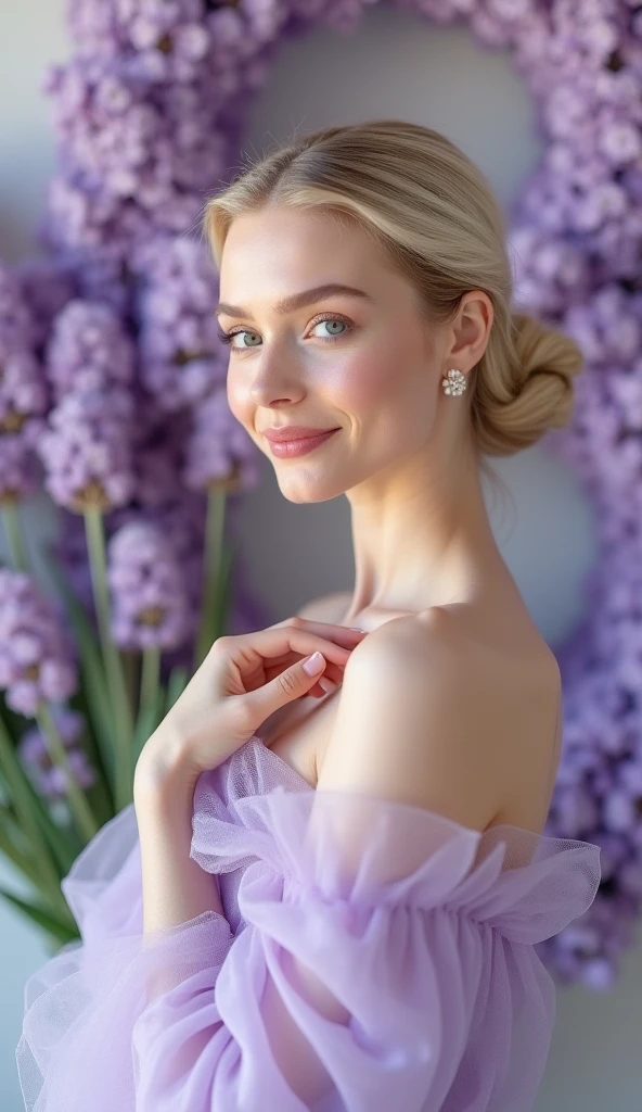 1girl,ponytail,white hair,purple eyes,(dress:1.3),medium breasts,collarbone,flowers and petals,(illustration:1.1),(perfect details:1.1),landscape,background,rose,abstract,nice hands,perfect hands,8k,Best quality.