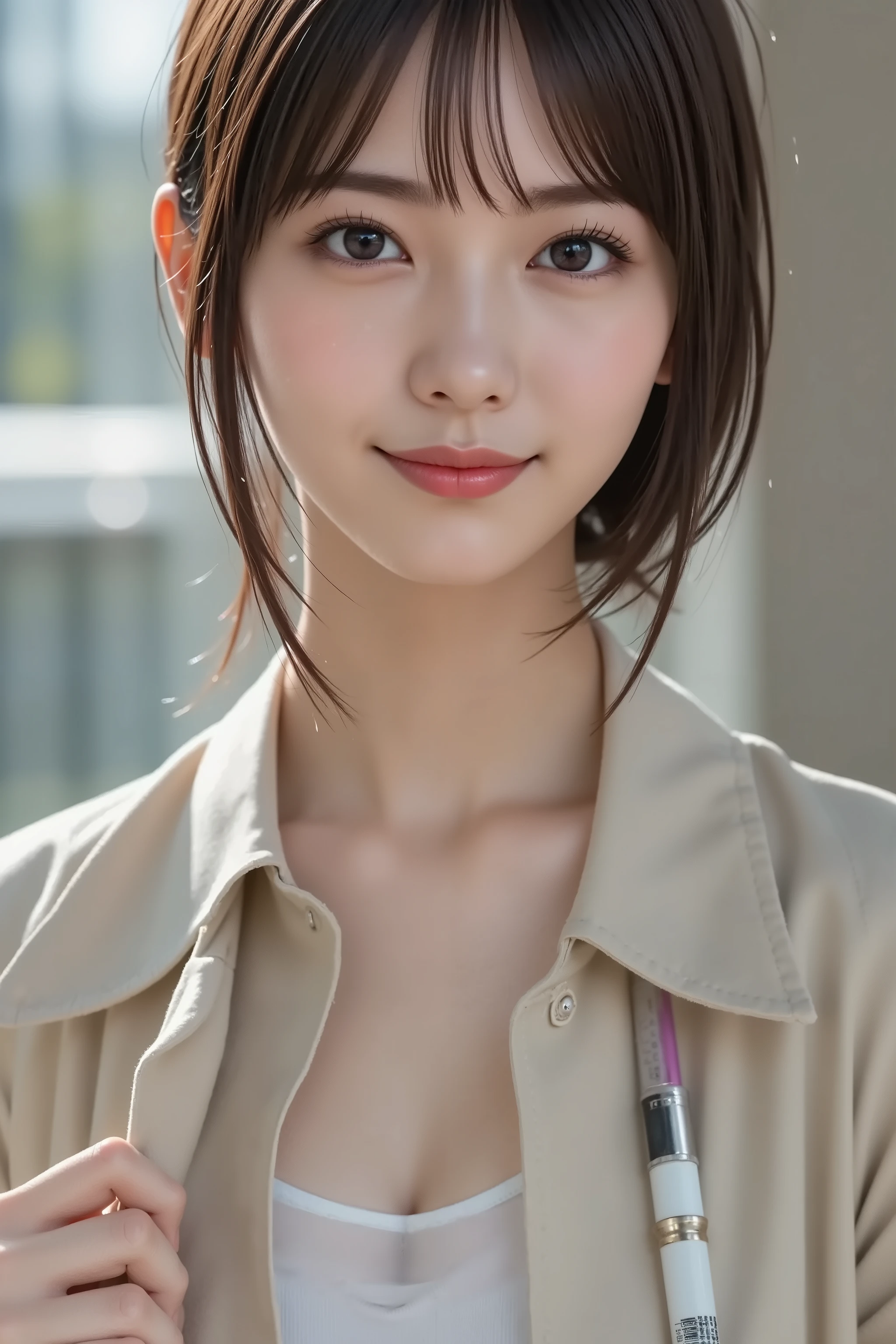 Screen-filled head and face, with the face positioned exactly in the center of the image, Upper chest, Perfectly reflects the entire head,  I can clearly see my face , JACKET SUIT, concrete hospital room that perfectly reflects the entire head, Diagnostics and syringes, long hair, bungs, smile, young and cute Japanese face, Official Art, high image quality CG Unity 8k wallpaper,Ultra high image quality, very detailed, high image quality, Film Grain, lens flare glow, best quality, 8k, as a portrait shot, 8k, viewer, masterpiece, best quality, very detailed, it's cute,  sexy, very detailedな, Detailed Wearing Features, illustration of a woman with a penis, Beautiful Japanese Woman, Women&#39;s 1,  tight breasts