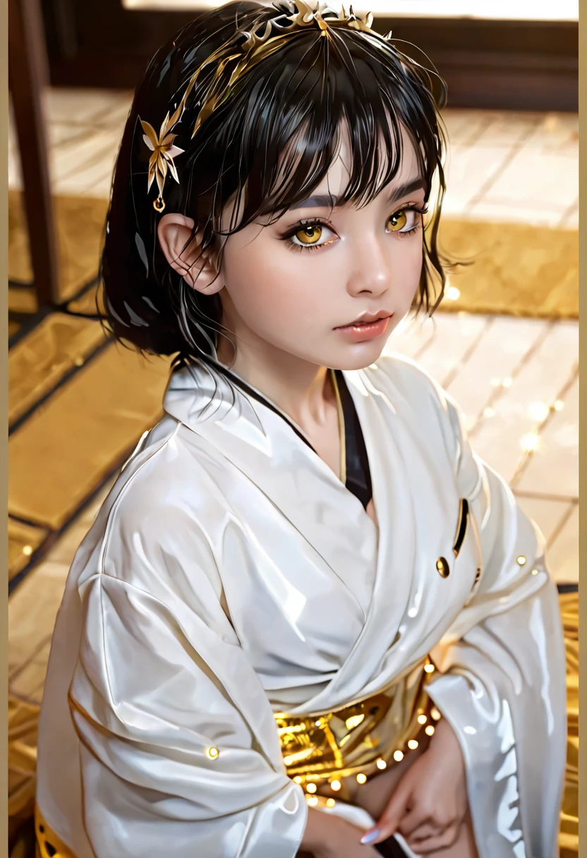 4K, 8 k, Masterpiece , Top quality, full length, a very young girl, is worth, medium length black hair, golden eyes, white micro bikini, indoors, bright light, actress .,