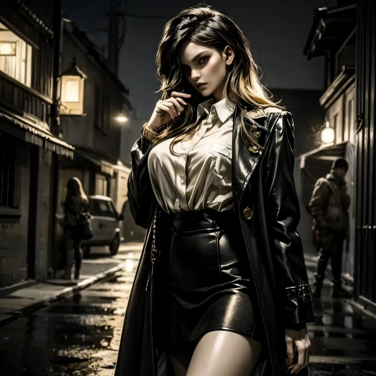 ((best quality)), ((Masterpiece)), ((Enrich the picture,Masterpiece level quality)), golden hair, long hair, very big breasts, golden eyes, fierce woman, street fasion, mini white shirt, mini black skirt, sexy jacket, at night, best quality, eyes detail, realistically, (cinematic lighting, moody, textile shading), perfect proportions, ultra detailed, volumetric lighting, soft lighting, glossy skin,