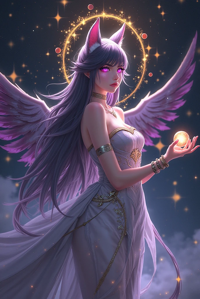 (Masterpiece, Top Quality, Best Quality, Extreme Detail, Best Detail, Official Art, Beauty and Aesthetics: 1.2), Colorful, Denim Lens, Upper Body Shot, Beautiful Face, Solo, Perfect Body, (Above the Clouds in the Sky: 1.6), Fairy, Flowing Streamer, Sun Rays, Clouds, Full Body, Han Cloth, White Dress, Universe, Starry Sky, Night, Starry Sky, Jewelry, Dress Feathers, Angel Wings, Light Particles, Volume Lighting, Ray Tracing, (Flowing Streamer: 1.1), (Fantasy Novel: 1.2), Illuminator, Stars, Fantasy, High Contrast, Ink Strokes, Overexposed, Impressions of Purple and Red tones, Abstract, Brush Strokes (Watercolor by John Barkey and Jeremiman)),