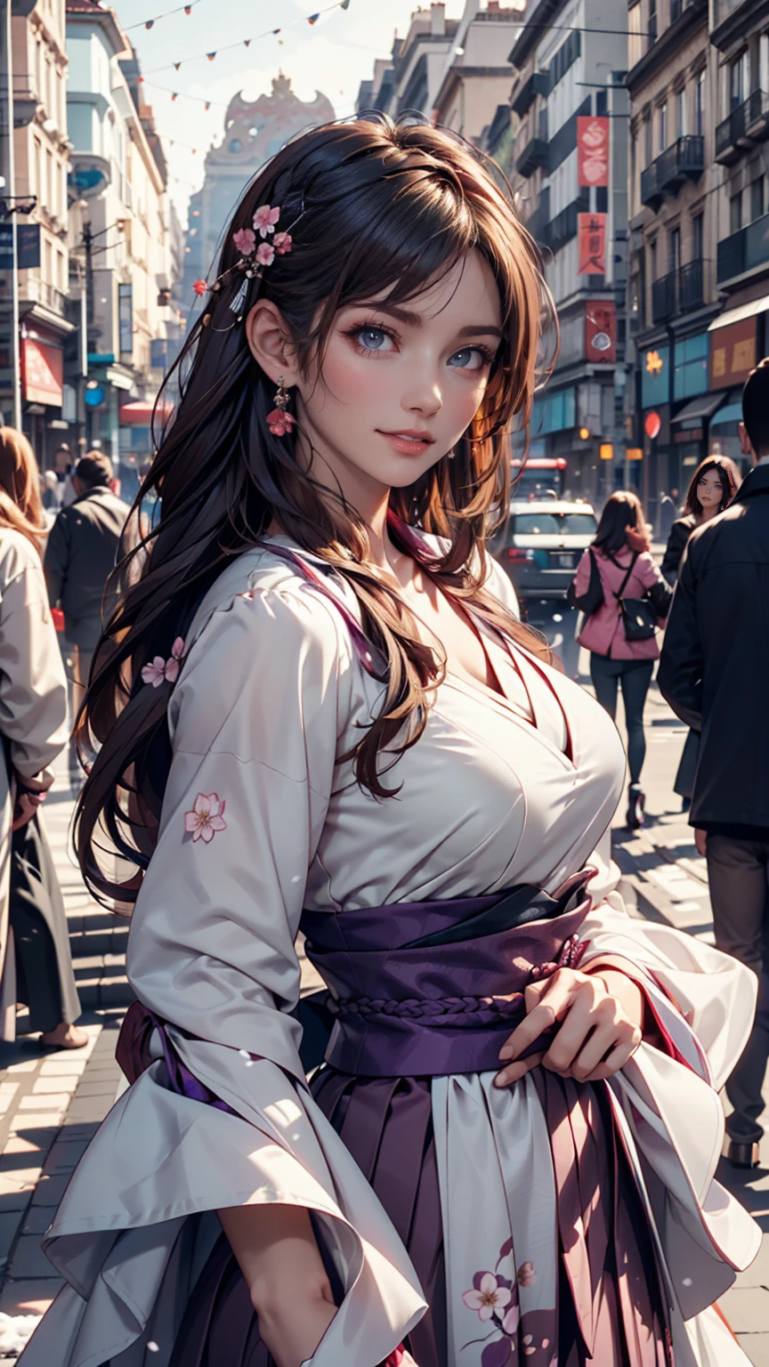 One girl, Blunt bangs, Braiding, Wide sleeves, hair ornaments, kimono, Says Obi, (Purple Hair:1.2), Very long hair, Straight hair, View your viewers, Highly detailed background, (Photo Real:1.2), Fine grain, Red eyeshadow, Depth of written boundary,thigh, (Urzan-6500:0.7), Upper Body, (alone:1.2), (Cyberpunk City:1.1), Cleavage, (Put your finger on your lips:1.1),Shiny skin