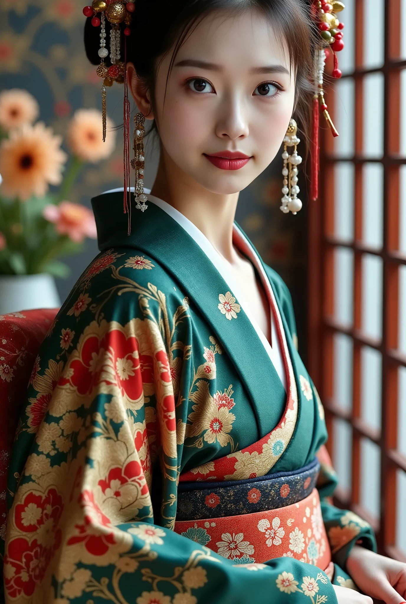 (Very detailed, score 9, score 8 up, score 7 up, very detailed, detailed, sharp sharp, 8K UHD), Realistic full-body photo of a petite and very young Japanese woman, detailed facial depiction, detailed eye depiction, large eyes with double eyelids, thick lips, black hair, black pupils, courtesan sitting with her back to a crimson lattice door, scene of a prostitute's brothel during a night out, bewitching light appearing in a dimly lit room, very fantastical, depth of field photo, Japanese hairstyle, looking at the viewer.