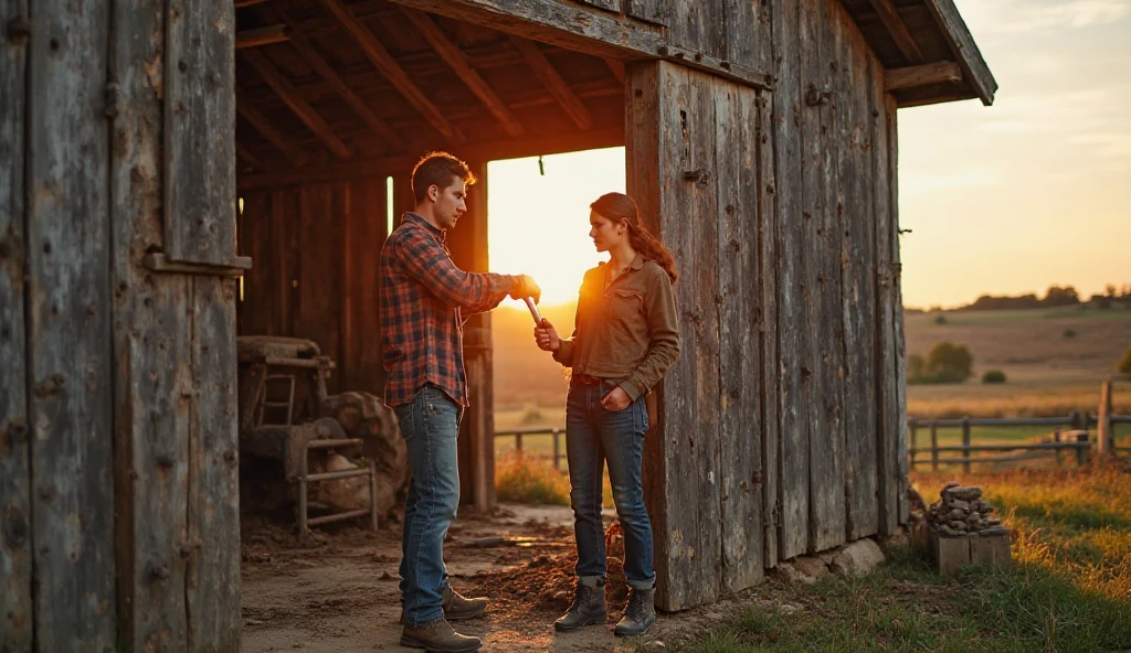 Make a photo of husband and wife holding hands in a rural setting