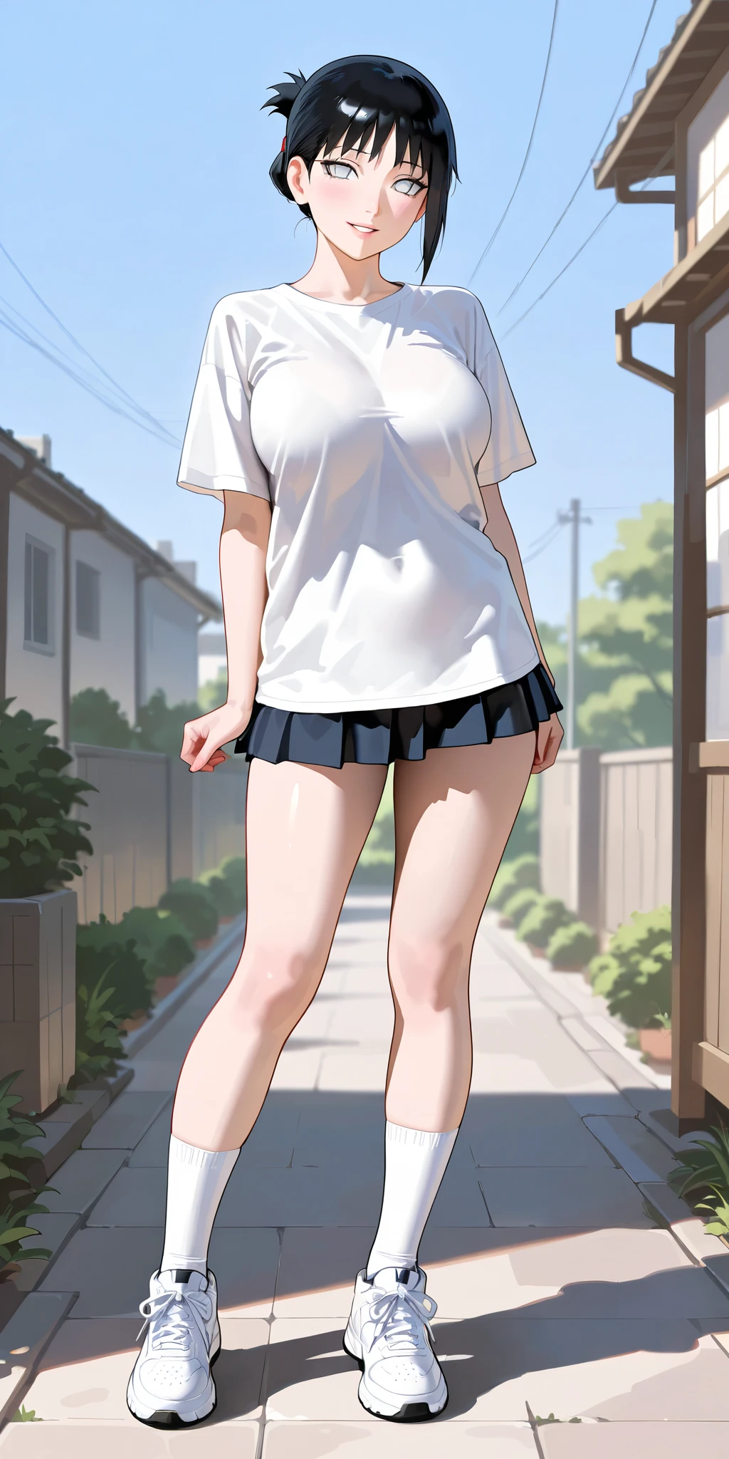full body figure,1 girl,blonde,ponytail,Long white T-shirt,not wearing pants,barefoot,blush,walk,forest,puddle,fog,