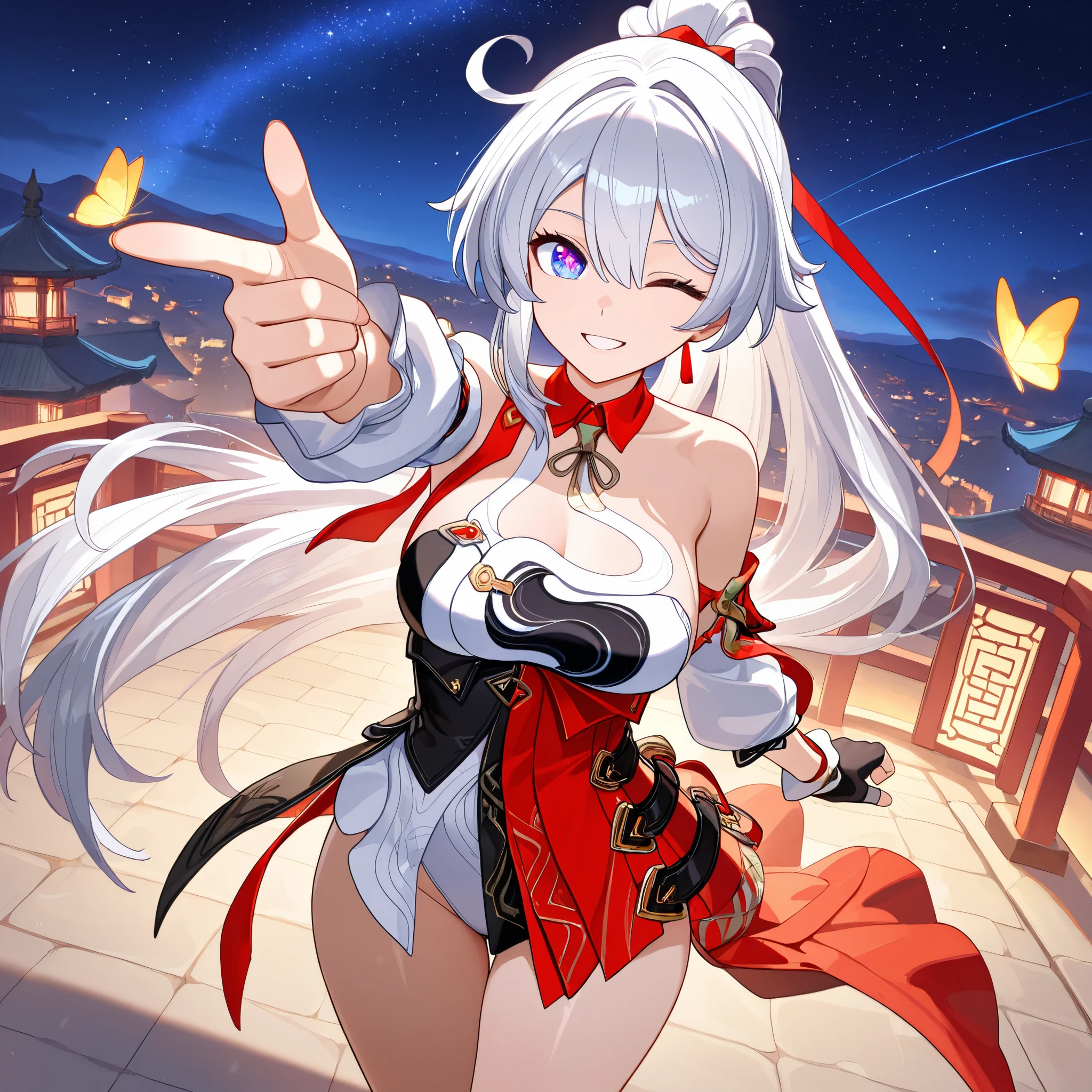 masterpiece, best quality, super detailed, very aesthetic, detailed background, 2023, very aesthetic, latest, Scenery, High Resolution, 4K, Absard Dress, 8k, colorful,vibrant, Shine, perfect face, 2D, perfect eyes, detailed eyes, 1 girl, Alone, night sky, Night time , Focus on Your FACE, pose , starry sky, high angle view, cowboy shooting, excited smile, parted lips, +_+, finger gun, with one eye closed, , Pointing at the viewer, viewers, Put your hands on your lower back, kiaKaBum, high ponytail, Kiana Kaslana, white hair, long hair, blue eyes, symbol pupils, white leotard, leotard underwear, black corsets, corsets, underbust, collar with a butterfly on the back, Chinese clothes, Red Collared Collar, Half Skirt , high waist skirt, red skirt, RED WAIST CAPE, 蛇 around leg, asymmetrical clothes, Single Shoulder Cape, single bare shoulder , red cloak, Light Brown Neck Ribbon, halter neck , single isolated sleeve, sleeve garter , Layered clothing, jewelry, White Puffy Sleeve , Layered Sleeves, single sleeve that grabs air , arm strap, Armlet, Single Wrist Guard, Single Fingerless Glove, black gloves, red tassel, hair crunch,
masterpiece, best quality, super detailed, very aesthetic, latest, Scenery, Absard Dress, perfect anatomy, perfect leg, perfect face, perfect eyes, Clear Eyes, beautiful eyes,