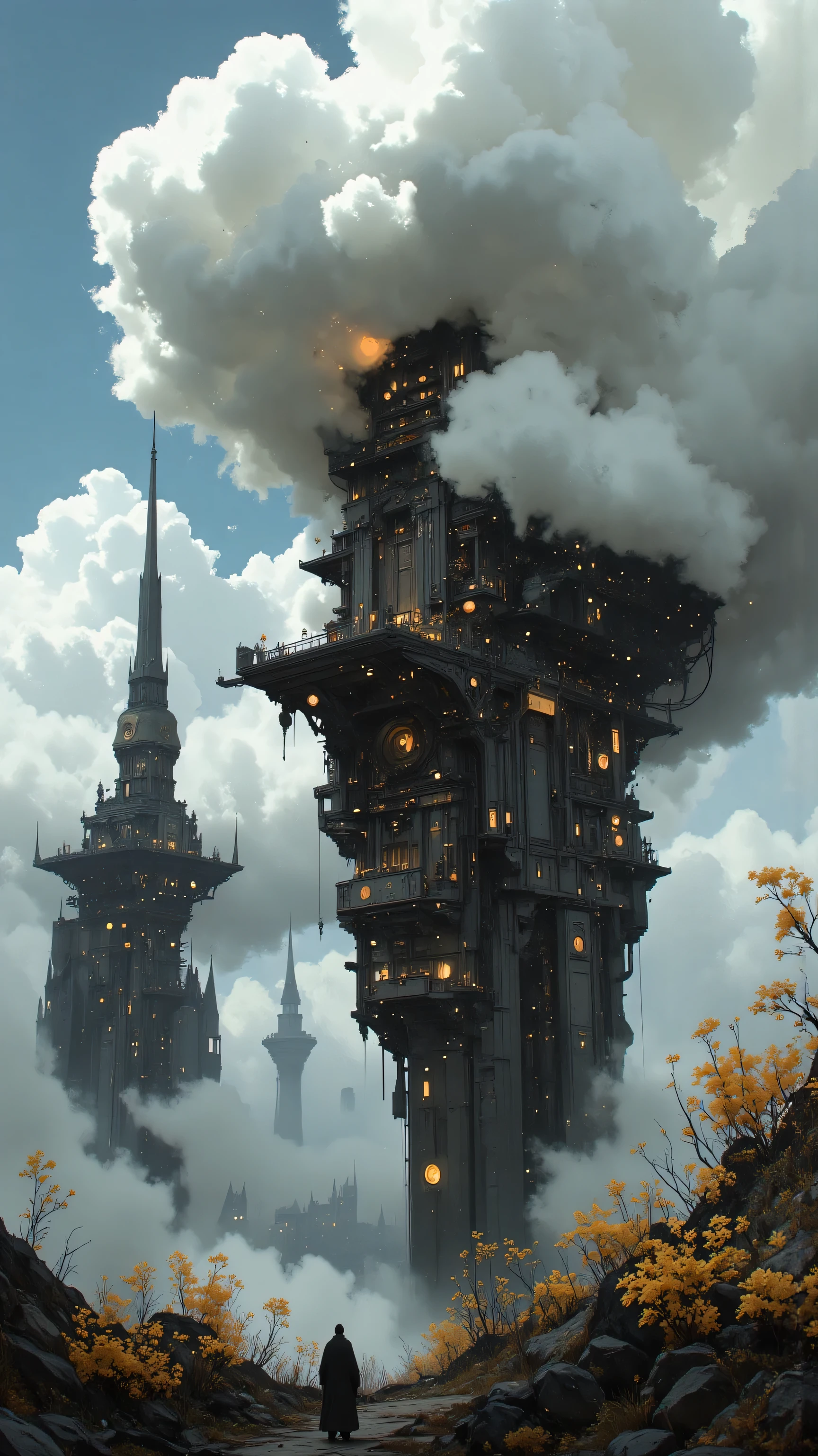 floating cities hide in clouds、clouds occasionally open to see the city。Surrounding the city、Magical plants grow and、there is mystical energy in the air。city towers and platforms、are made with ancient construction techniques、are integrated with clouds。