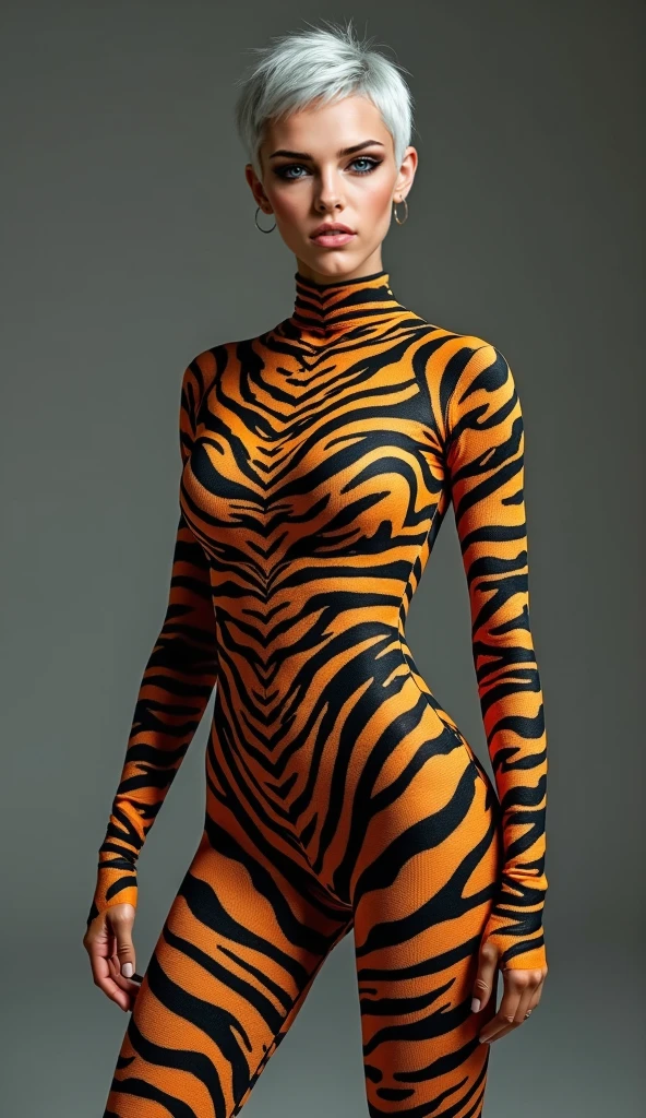 the twenty nine years old asian chinese contortion muslimah wearing a pair of black glasses wears mix leopard print lycra and spandex turtleneck unitard catsuit and mix leopard print lycra dancewear hijab.She looks like a fierce zebra.