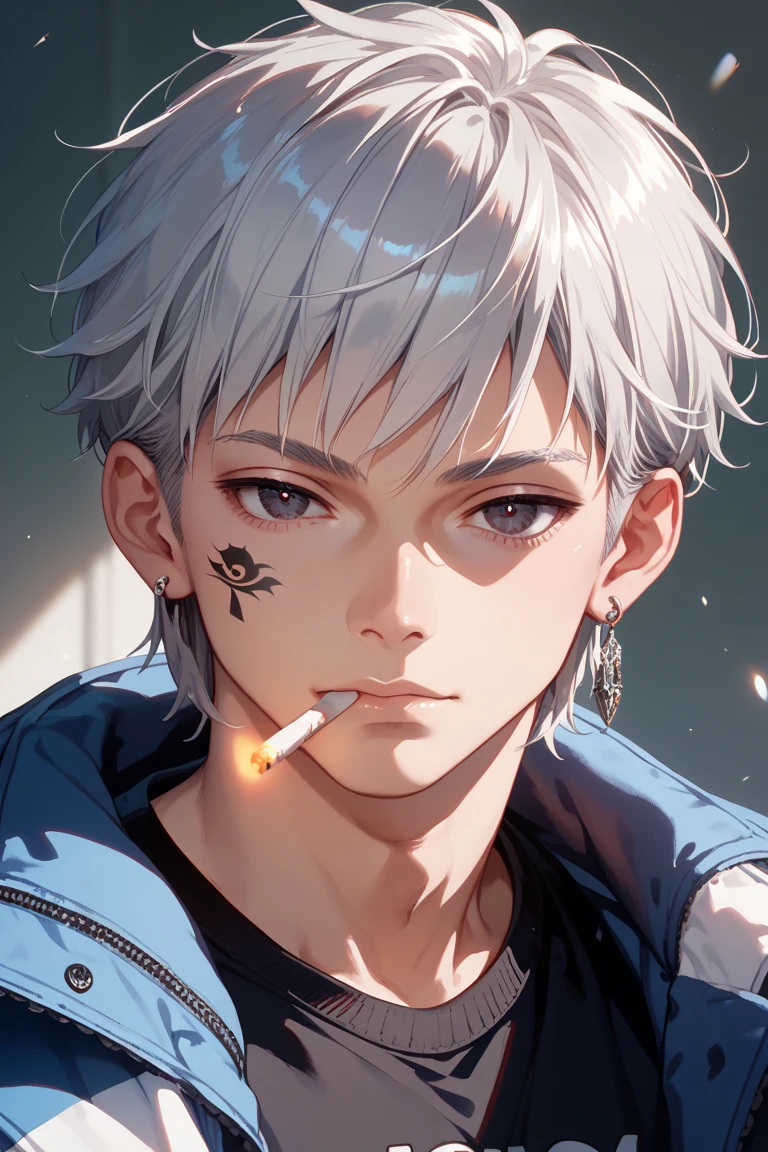male, high school student, neutral, Silver Hair,bob hair,dark eyes,6 earrings,eyelash,Cat Eyes,expression that seems to be relaxed,jersey, cigarettes,black tattoo , beauty,