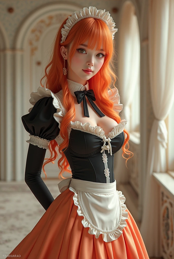 /draw apron orange_hair green_eyes breasts breasts_out couch dress female frills gloves highres koruse large_breasts long_hair looking_at_viewer lying maid maid_apron maid_headdress no_panties original solo gloves pantyhose HD UHD HQ