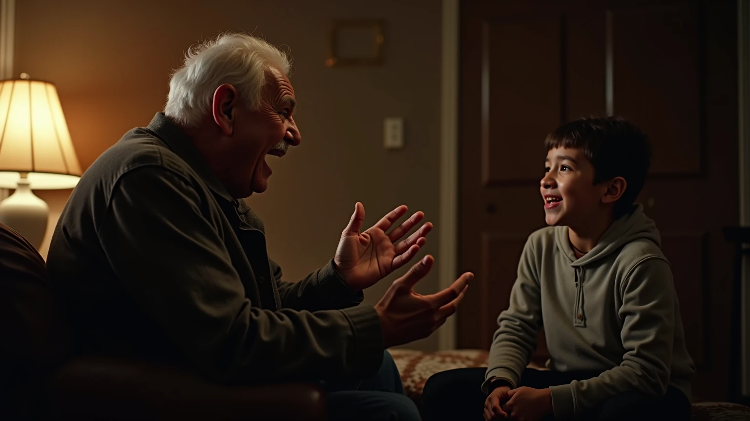Studio with an elderly man and a child talking