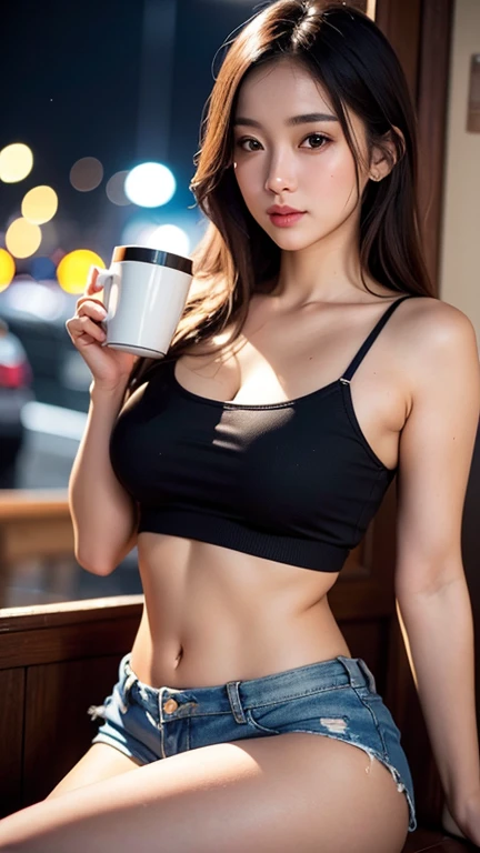 (masterpiece, Best Quality, ultra-detailed, high resolution, extremely detailed CG, official art, Professional Lighting, Perfect Anatomy, anime colors), (from below), looking at viewer, cowboy shot, perfect body, a 24yo beautiful girl, sidelocks, hairband, earrings,medium hips, glamorous body,a small face,beautiful-makeup,Makeup light,dark brown hair, Amazing Cleavage, thin waist, cute ass, Raised sexy, small breast: 1.2 posed cleavage:1.2, (off shoulders,Denimbra,legginullnude), micro denim shorts, bare legs, nail_polish, pale skin, Waiting friend, (morning:1.5), tokyo, (convenience store:1.3), outdoor, (depth of field:1.3), contrapposto, (Hold a coffee in your hand:1.3),delicate beautiful face, Bright blue eyes, cute eyes, sparkling eyes, Big eyes, (perky chest:1.1), (pointed chest:1.3), looking at viewer,