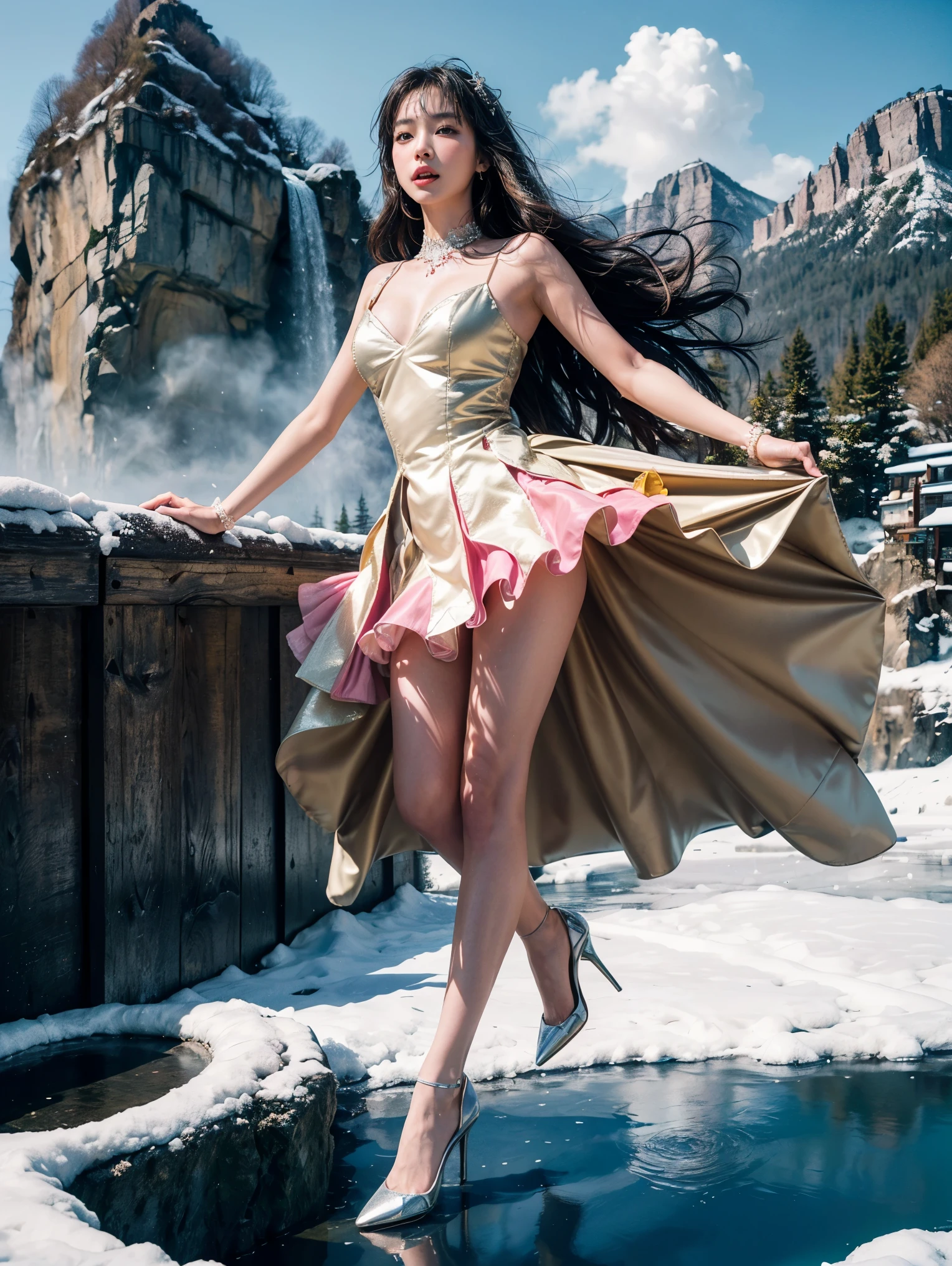 Splitting characters is prohibited,(Full body shot:1.3), Must show your face, anatomy correct, Dance on a mountaintop glacier,The breath of nature,Polished pointed-toe heels must be worn,Stockings with a pattern are mandatory, Keep your feet off the ground,Colorful fantasy world warriors, A shallow laugh, Complex and diverse backgrounds,Strangling effect,hyper HD, Ray traching, structurally correct, Award-Awarded, high detal, lightand shade contrast, Face lighting,cinmatic lighting, tmasterpiece, super detailing, high high quality, high detal, best qualityer, 16