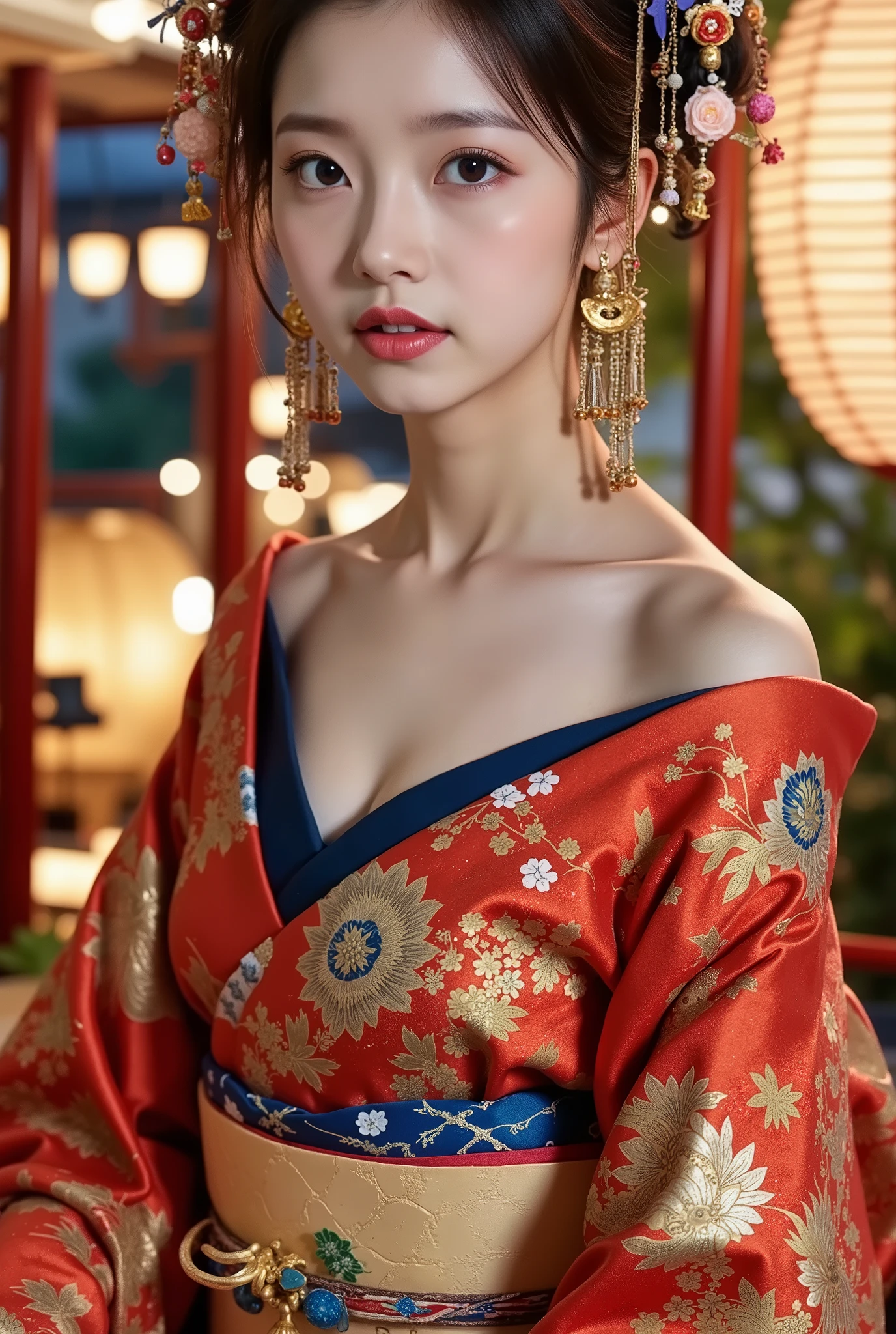 (Very detailed, score_9, score_8_up, score_7_up, Very detailed, Detailed, Sharp focus, 8K UHD), Realistic full-body photo of a petite and very young Japanese woman, (((Whole body visible))), Detailed facial depiction, Detailed eye depiction, Large eyes with double eyelids, Thick lips, Black hair, Black pupils, Courtesan sitting with her back to a thin crimson lattice door, her kimono loosened to expose her shoulders, (((Cleavage visible))), Scene seen in a red-light district, Stars in the night sky outside can be seen from a dimly lit room, Illuminated by a bewitching light, Very fantastical, Depth of field photo, Japanese hairstyle, Looking at the viewer.