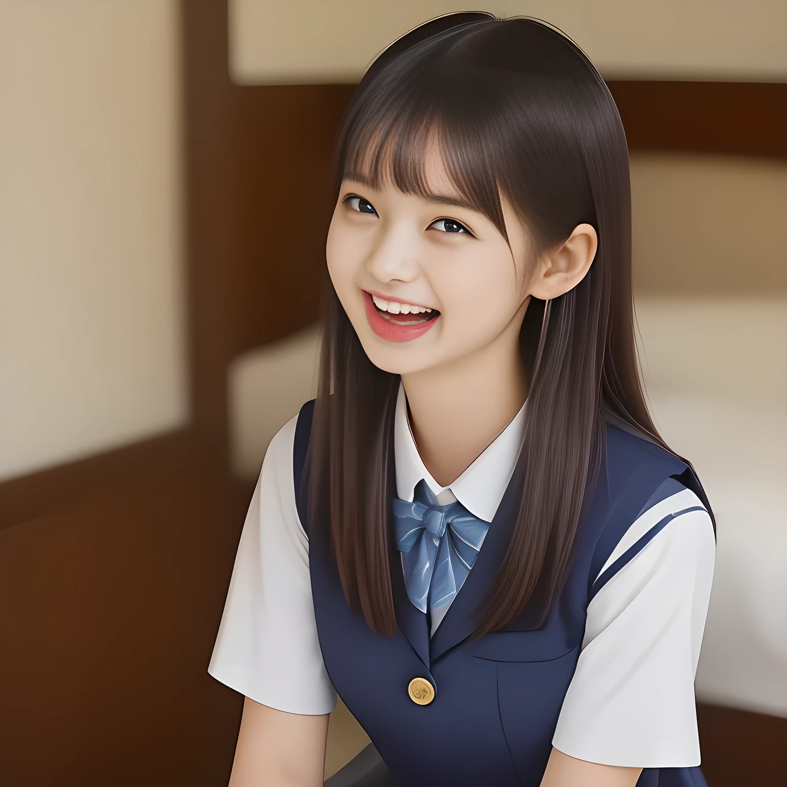 (highest quality, masterpiece, high resolution:1.2), 4K, (Photo quality detailed foreground: 1.2), geometry, ((Two yo too beautiful noble girls), Cute noble beautiful slender girl girly very-long-hair Japanese photo model seated in a white room and looking at the viewer with her too beautiful eyes like ( fashion model's laughter): 1.3), (Using expensive face-whitening cosmetics to make her skin more beautiful and pure by professional makeup artist: 1.5), ((Dark blue) Japanese school girly vest Uniform with neat girly light-yellow short-sleeves school blouse, puffed short sleeves: 1.8), (white socks and school loafers, kicking back: 1.5), (Dark red glossy glossy school ribbon on the breast: 1.0), (Extremely laughing cheeks: 1.8), (Beautiful light-amber large clear open eyes with balanced and detailed cutely: 1.4), (double eyelids: 1.0), (highly curled bangs: 1.2), (Expressing the greatest joy with her whole body: 1.2), (Glossy lips: 1.0), (too long very straight hair reaches her hips: 1.7), (cute earrings), (making the viewer crazy with her beautiful hands: 1.6), (white and clear skin: 1.0), (Laughing 13 cute princess's eyes looking at me: 0.8), (Very shy, cute, slender, pretty, pretty, too girly & Girlish: National Beautiful Girl Grand Prix winners: 2.0), (Everything is organized to have strong effect of hypnosis for the viewer to fall into happy dream with many beautiful girl's laughter: 1.5), (The viewer must be transferred to the world of only beautiful girls right now when he sees the laughter of girls in the picture: 2),(Tight waist, slender: 1.5), (The neat girls know well about the viewer's super fetishism for school uniforms, and satisfies the viewer completely with skirt and beautiful hands pressing from front and back: 1.9), (take a shot from the side: 1.8)