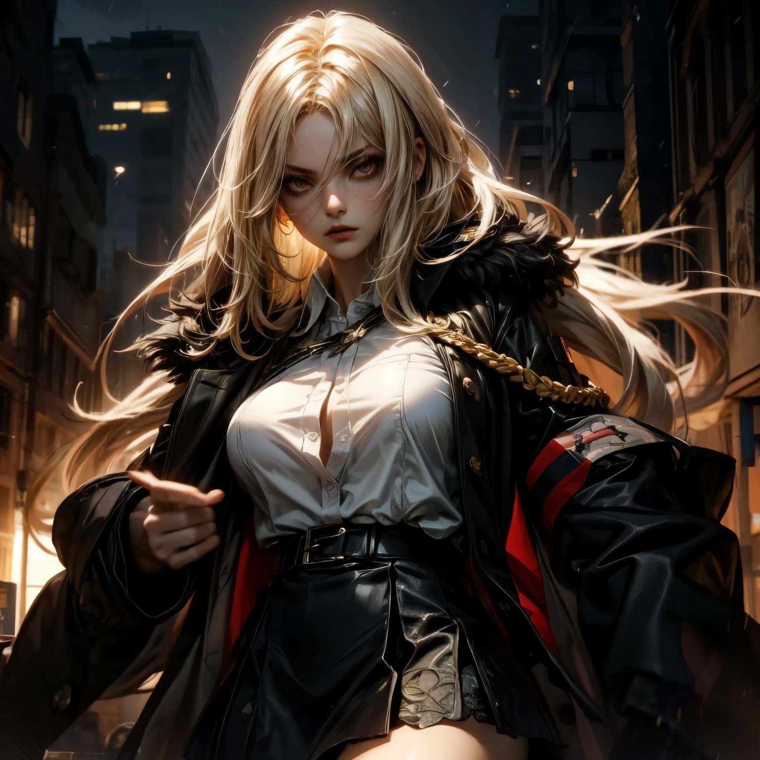 ((best quality)), ((Masterpiece)), ((Enrich the picture,Masterpiece level quality)), golden hair, long hair, very big breasts, golden eyes, fierce woman, street fasion, mini white shirt, mini black skirt, sexy jacket, at night, best quality, eyes detail, RAW 4 K, realistically, ( cinematic lighting, moody, textile shading), perfect proportions, ultra detailed, volumetric lighting, soft lighting, glossy skin,