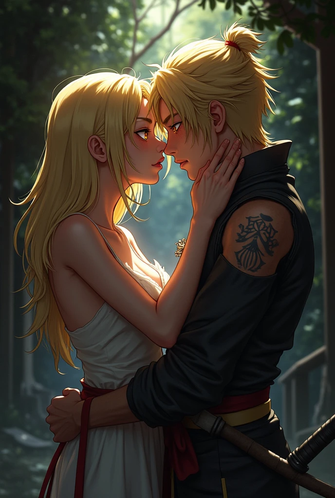 A muscular young man with black hair, wearing a white round-neck shirt and a black leather jacket over it, wearing blue jeans with a zipper down and an erect penis sticking out, black gloves, a black belt, and black combat boots, Having sex with a blonde woman wearing a white dress White dress and high heels In missionary position On the meadow in the forest, anime.