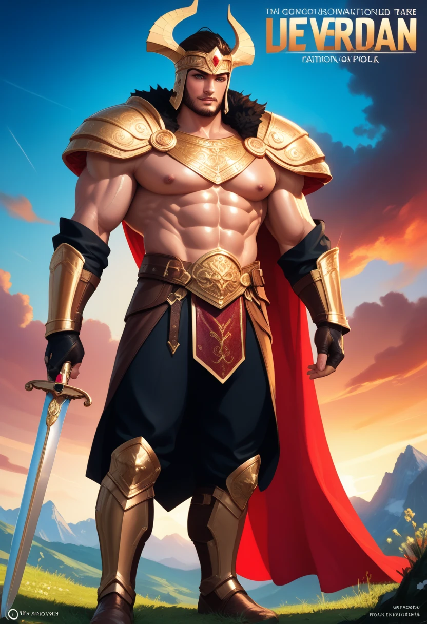 arafed man with a big chest and a big chest, fantasy male portrait, attractive beefy male with armor, attractive male with armor, handsome prince of persia, graphic artist magali villeneuve, digital painting greek myth, male warrior, muscular male hero, epic fantasy art portrait, attractive male deity, handsome male elf, portrait of demigod Hercules, happy,  cowboy shot, f/2.8, Sony FE, 8k, best quality, super detail