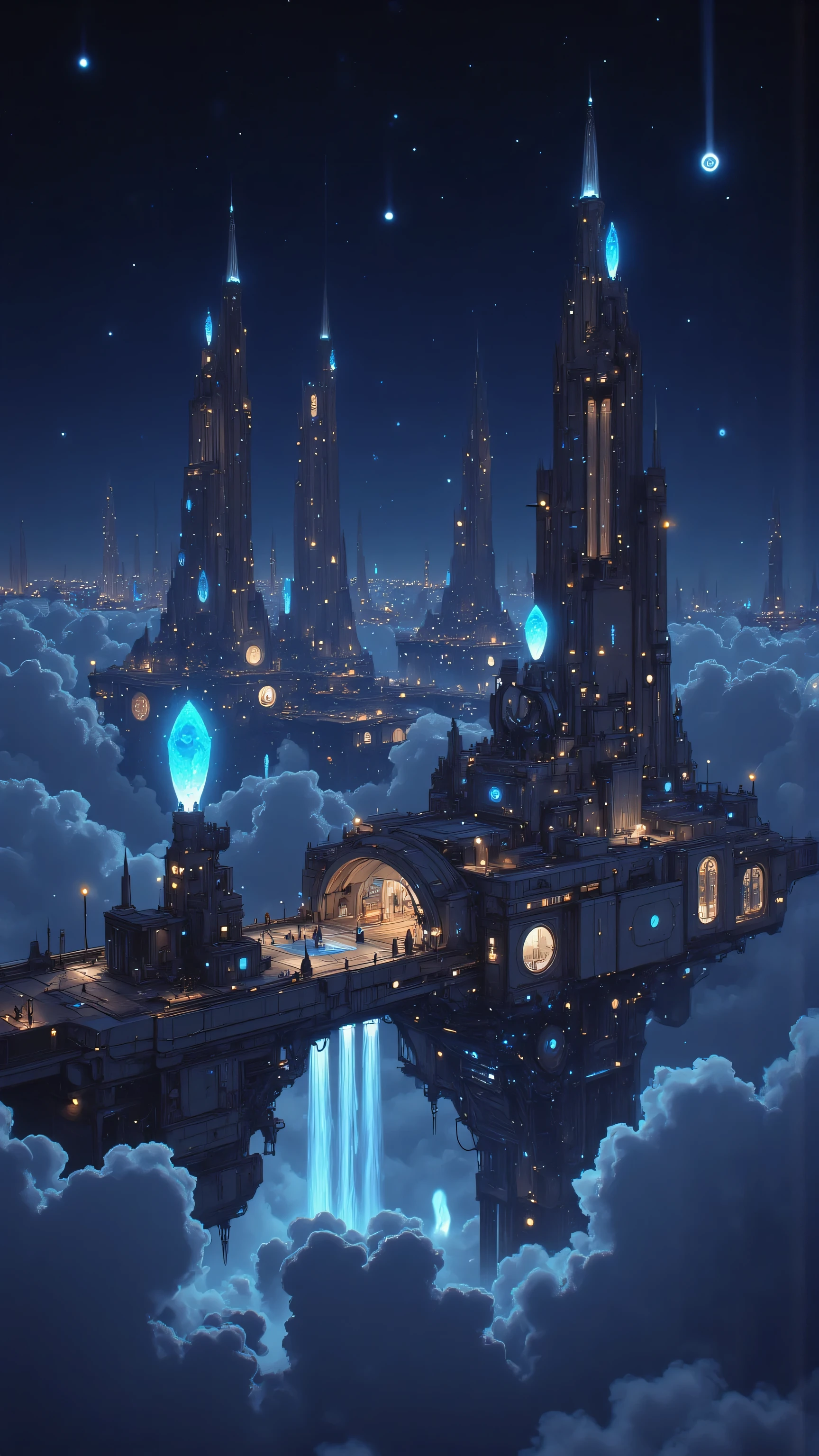 floating cities in the night sky、Star々It shines with。city towers and platforms、illuminated with magical light、空気中にはStarの欠片が舞い散っています。Surrounding the city、clouds spread thinly、create a fantastic atmosphere。