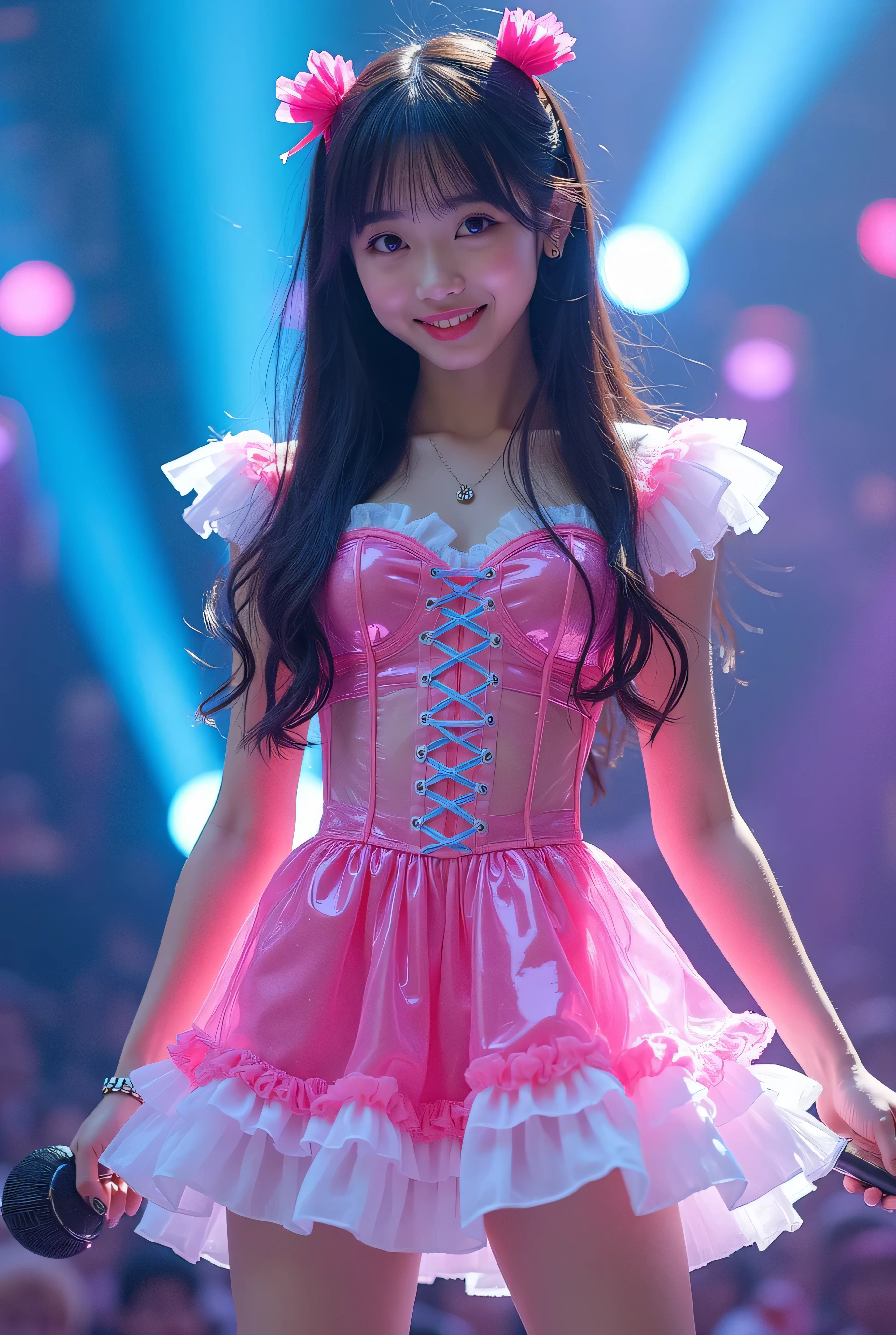 Create a highly detailed, realistic image of a young woman with long, dark hair styled with two small pink bows on either side. She is wearing a vibrant and transparent shinning glossy pink short dress that has a layered, frilly design with white ruffled edges on the sleeves and neckline. The dress has intricate lace-up details on the front, with white ribbons crisscrossing over the bodice. A large, white bow is tied around her waist, and the skirt is layered with multiple ruffles, alternating between white and pink frills. The upper part of the dress has a mix of white and blue accents, especially around the shoulders, giving it a lively, idol-like appearance. The girl’s expression is cheerful and playful, with a radiant smile, captured both in performance and posing with a slightly pensive look. Ensure that her outfit appears shiny and glossy, reflecting stage lights, and incorporate a vivid, performance-like atmosphere in the background. Some Lights shooting around, she hold microphone, head thighs portrait,