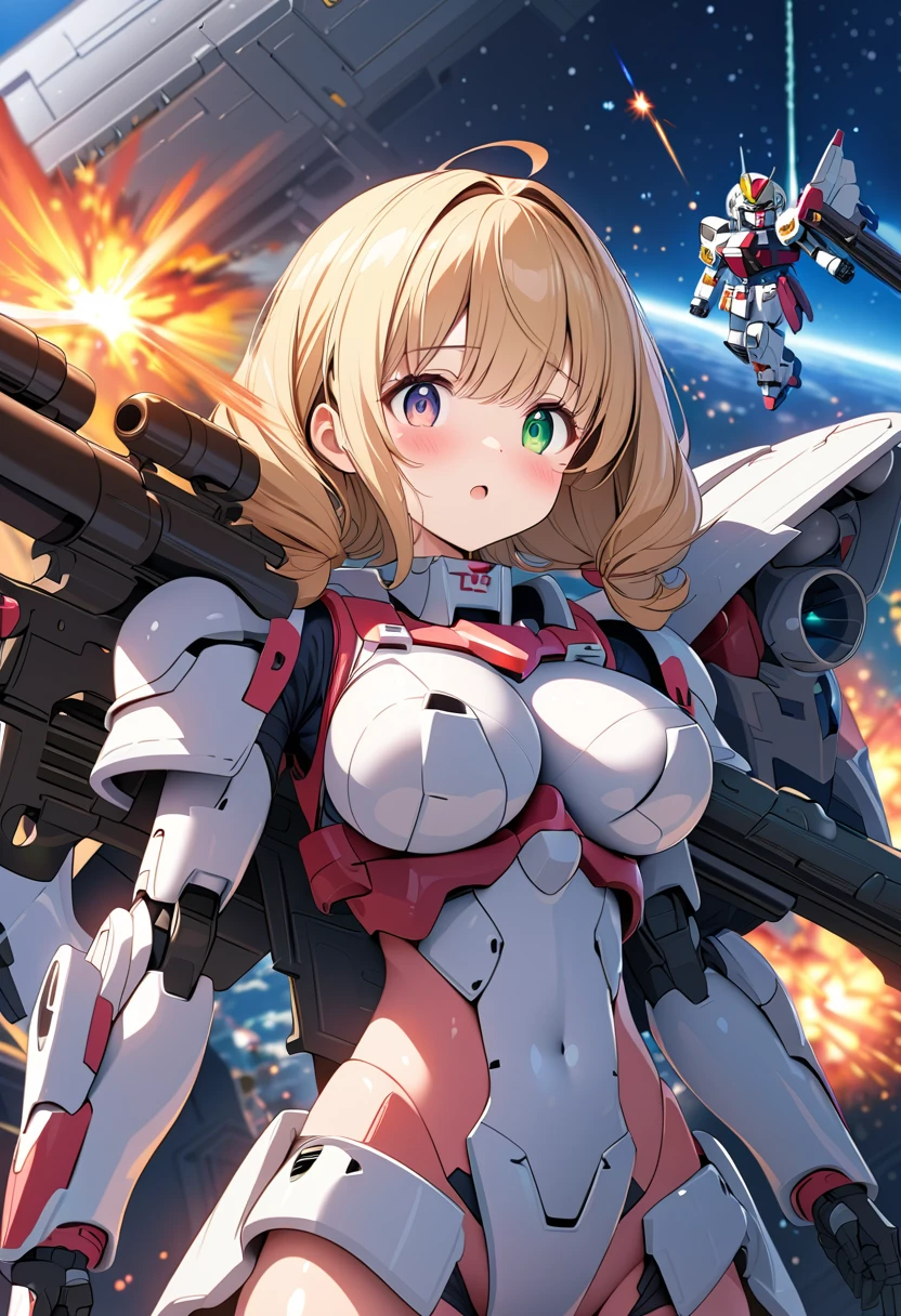 (Wing gundam zero custom, buster rifle, beam, space, gundam W, ), (ultra detailed breast skin texture:1.2, ultra enormous gigantic breast expansion :1.2, ), girl, 