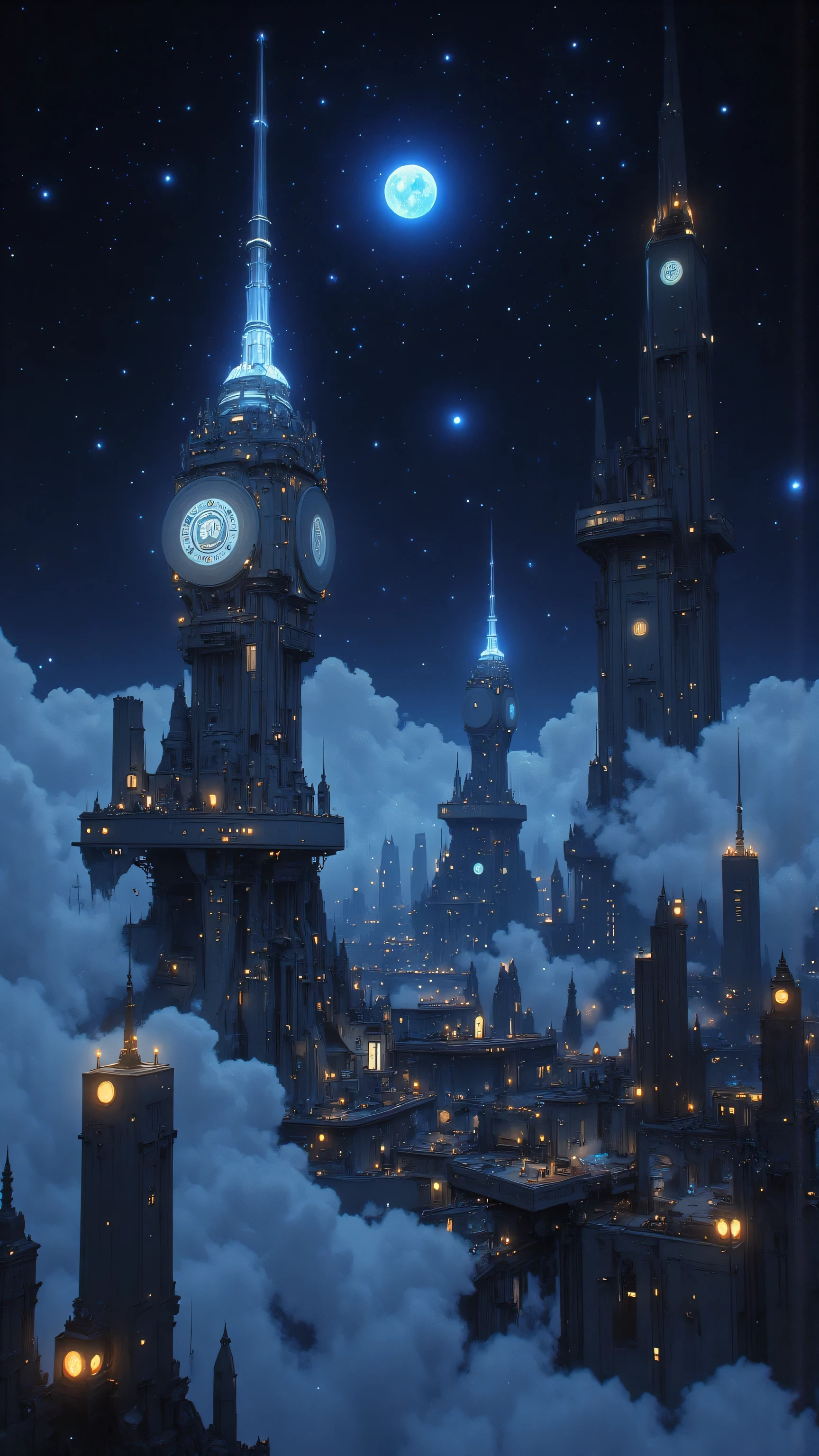 floating cities in the night sky、Star々It shines with。city towers and platforms、illuminated with magical light、空気中にはStarの欠片が舞い散っています。Surrounding the city、clouds spread thinly、create a fantastic atmosphere。