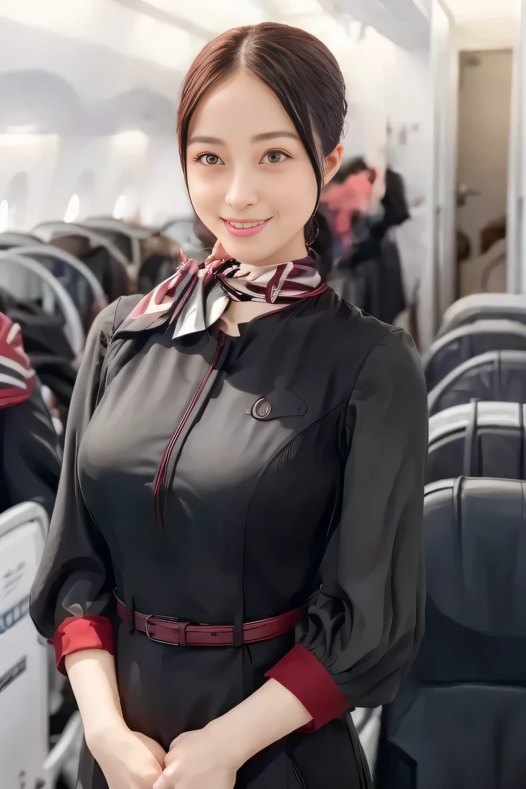 (masterpiece:1.2,  top quality :1.2), 32kHDR,  high image quality , (alone、  1 girl)、（ On board ）、Cabin background、（  wearing a JAL flight attendant uniform   ）、（（ short sleeve jumper skirt in a JAL flight attendant uniform  {x} JAL flight attendant uniform  、I'm wearing a red belt around my waist  、  scarf wrapped around neck  ））、  dark brown hair  、（   super long hair wrap hair 、 blade wrap up hair  ）、 、  long hit  、Big Breasts、 Read more、（（  amazing hand  ：2.0）），（（ A harmonious body shape ：1.5）），（（Normal limbs：2.0）），（（The usual ：2.0）），（（  Delicate Eyes：2.0）），（（Normal eyes：2.0））)、（ beautiful standing figure wearing a JAL flight attendant uniform   ）、  with their hands crossed under their bodies   、  hang on a cross
