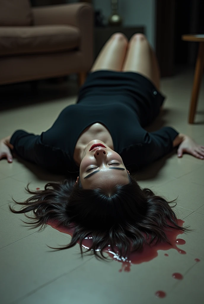 (photorealism:1.2), beautiful and hot murdered woman, curly hair, beautiful body and legs, beautiful nose, thin face details, beautiful face, Closed eyes, like dead on floor, lying, sexy pants white t-shirt and Black shorts, hiper realistic, hiper detailed, she is falled out with 1 gun shot in head, blood near The body