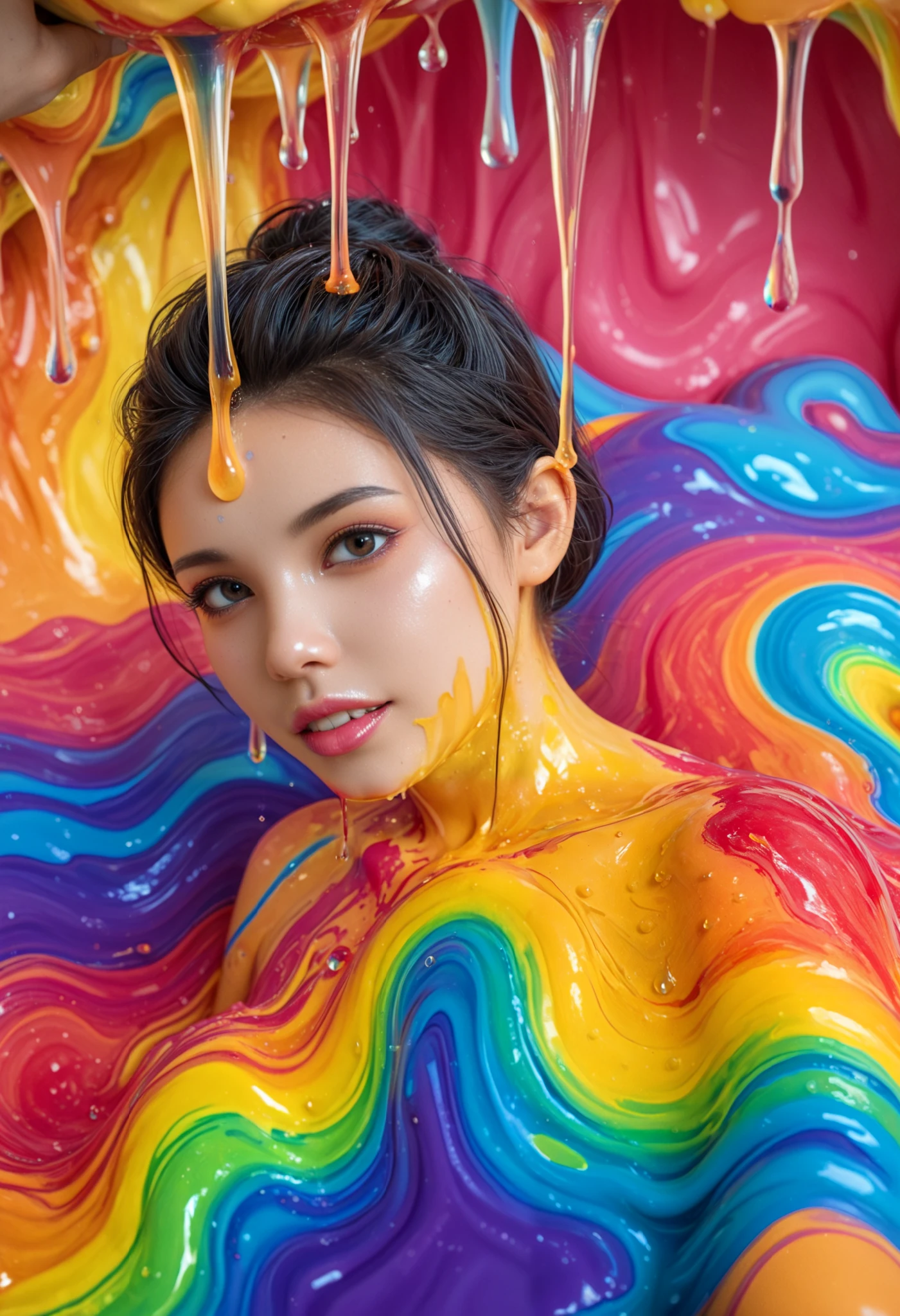 best quality 、high quality 、 highest resolution、High Resolution、8K quality、high definition 、best quality、 masterpiece 、 movie-like images、 Immersive Footage 、 Very realistic looking image 、Realistic Images、 perfect detail 、 high contrast 、High fidelity、 perfect picture、Close to reality、 images reproduced in detail、Detailed and realistic human body、Detailed and realistic human skin、 realistic face down to the details、 eyes drawn realistically in detail 、 Realistic lips drawn down to the smallest detail 、 detailed and realistic teeth、Realistic ears、 Realistic hair 、((Japanese models))、((s))、(( ))、((Young face))、(( black hair))、(( small flat chest))、(( body type))、(((with shiny skin covered in oil all over)))、(((Body Art)))、(((Liquid Art)))、(((Mucus Art )))、(((Apply colorful slime all over skin)))、(((Apply colorful paint liquid all over skin)))、(((Apply colorful oil paint all over skin)))、(((Apply colorful oil all over skin)))、(( subject close-up ))