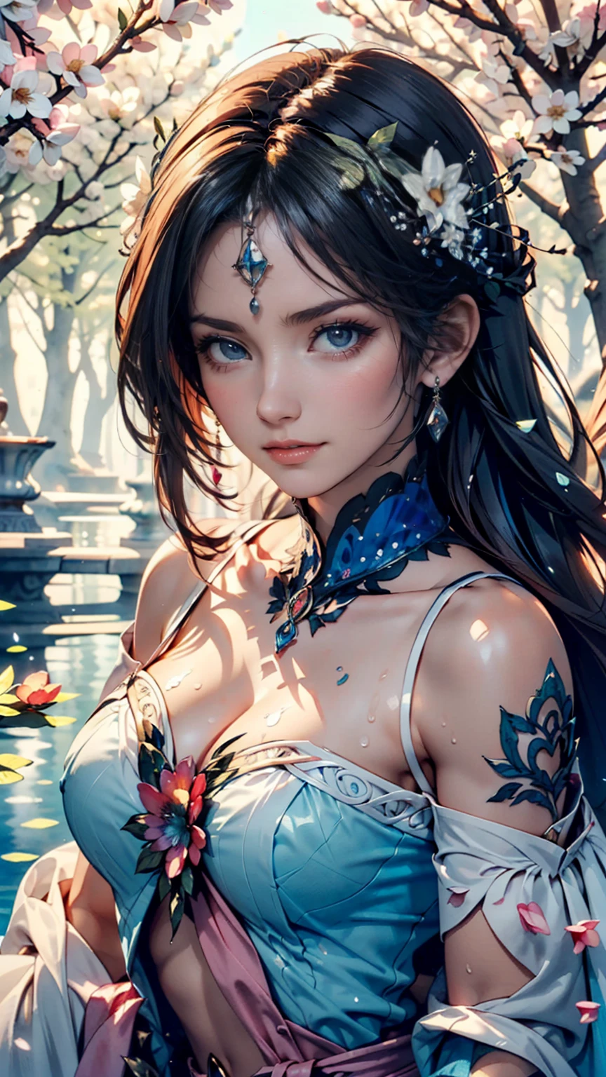 Prompt: masterpiece, best quality, ultra-detailed, 1girl, detailed water, long hair, corkscrew curls, red hair, light grey eyes, (close-up), maple trees, everywhere mistletoe, gorgeous, maple and spruce trees, cherry, cherry tree, smile, view from front, wolf ears, snowy background, science fiction, multiple tails, Tall evergreens stand tall and proud, their branches weighed down by heavy snow, volumetric lighting AND masterpiece, best quality, high quality, extremely detailed CG unity 8k wallpaper A vibrant spring landscape, bursting with new life and color. Rolling hills are covered with a carpet of green, dotted with delicate wildflowers in shades of pink, purple, and yellow, volumetric lighting