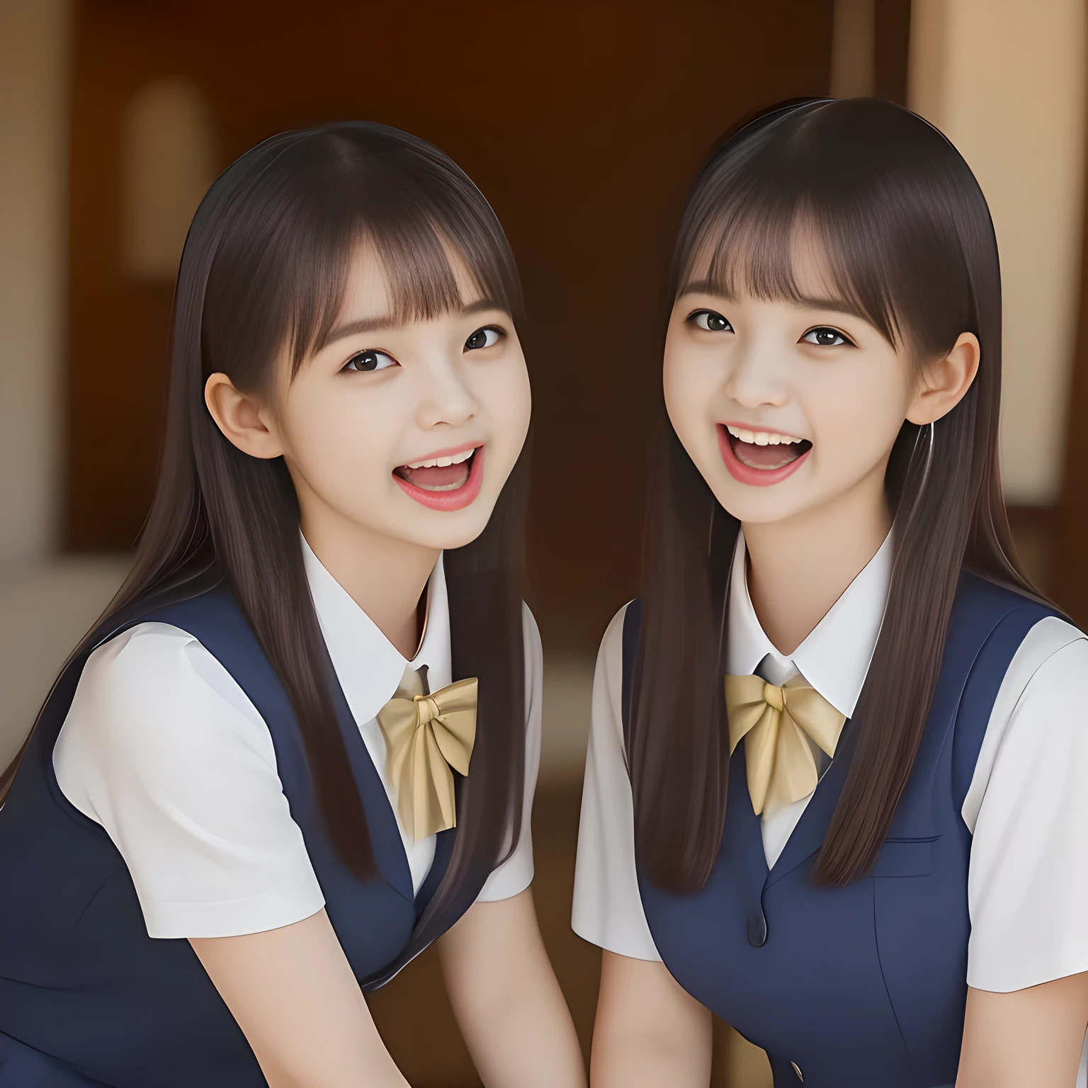 (highest quality, masterpiece, high resolution:1.2), 4K, (Photo quality detailed foreground: 1.2), geometry, ((Two yo too beautiful noble girls are singing with lewd white microphone), Cute noble beautiful slender girl girly very-long-hair Japanese photo model seated in a white room and looking at the viewer with her too beautiful eyes like ( fashion model's laughter): 1.3), (Using expensive face-whitening cosmetics to make her skin more beautiful and pure by professional makeup artist: 1.5), ((Dark blue) Japanese school girly vest Uniform with neat girly light-yellow short-sleeves school blouse, puffed short sleeves: 1.8), (white socks and school loafers, kicking back: 1.5), (Dark red glossy glossy school ribbon on the breast: 1.0), (Extremely laughing cheeks: 1.8), (Beautiful light-amber large clear open eyes with balanced and detailed cutely: 1.4), (double eyelids: 1.0), (highly curled bangs: 1.2), (Expressing the greatest joy with her whole body: 1.2), (Glossy lips: 1.0), (too long very straight hair reaches her hips: 1.7), (cute earrings), (making the viewer crazy with her beautiful hands: 1.6), (white and clear skin: 1.0), (Laughing 13 cute princess's eyes looking at me: 0.8), (Very shy, cute, slender, pretty, pretty, too girly & Girlish:  National Beautiful Girl Grand Prix winners: 2.0), (Everything is organized to have strong effect of hypnosis for the viewer to fall into happy dream with many beautiful girl's laughter: 1.5), (The viewer must be transferred to the world of only beautiful girls right now when he sees the laughter of girls in the picture: 2),(Tight waist, slender: 1.5), (The neat beautiful girls know well about the viewer's super fetishism for school uniforms, and satisfies the viewer's lewd white microphone completely with skirt and beautiful hands grasping from front and back: 1.9)