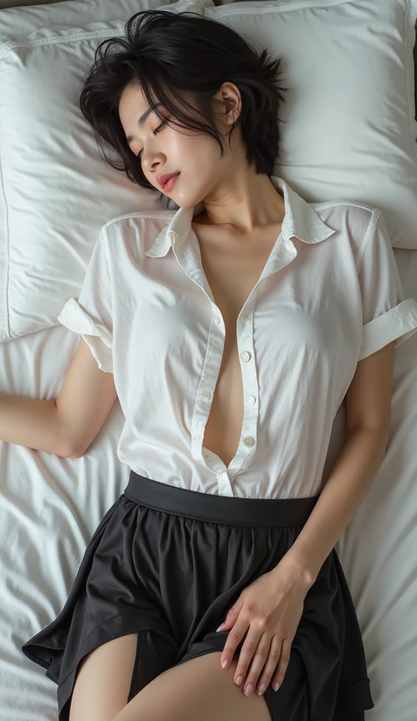 1little girl, japanese student, open clothes, school uniform(white shirt navy skirt), lingerie, nipples, pillow, sleeping, lying, (sweat), (((cum on body))), bed, ((10 years old)), (tongue), ahg, (rolling eyes), cum,wet, drooling, (anguish), (water eyes:0.6), RAW photo, best quality, masterpiece, NSFW, pov, looking at viewer, realistic, extremely detailed CG unity 8k wallpaper,