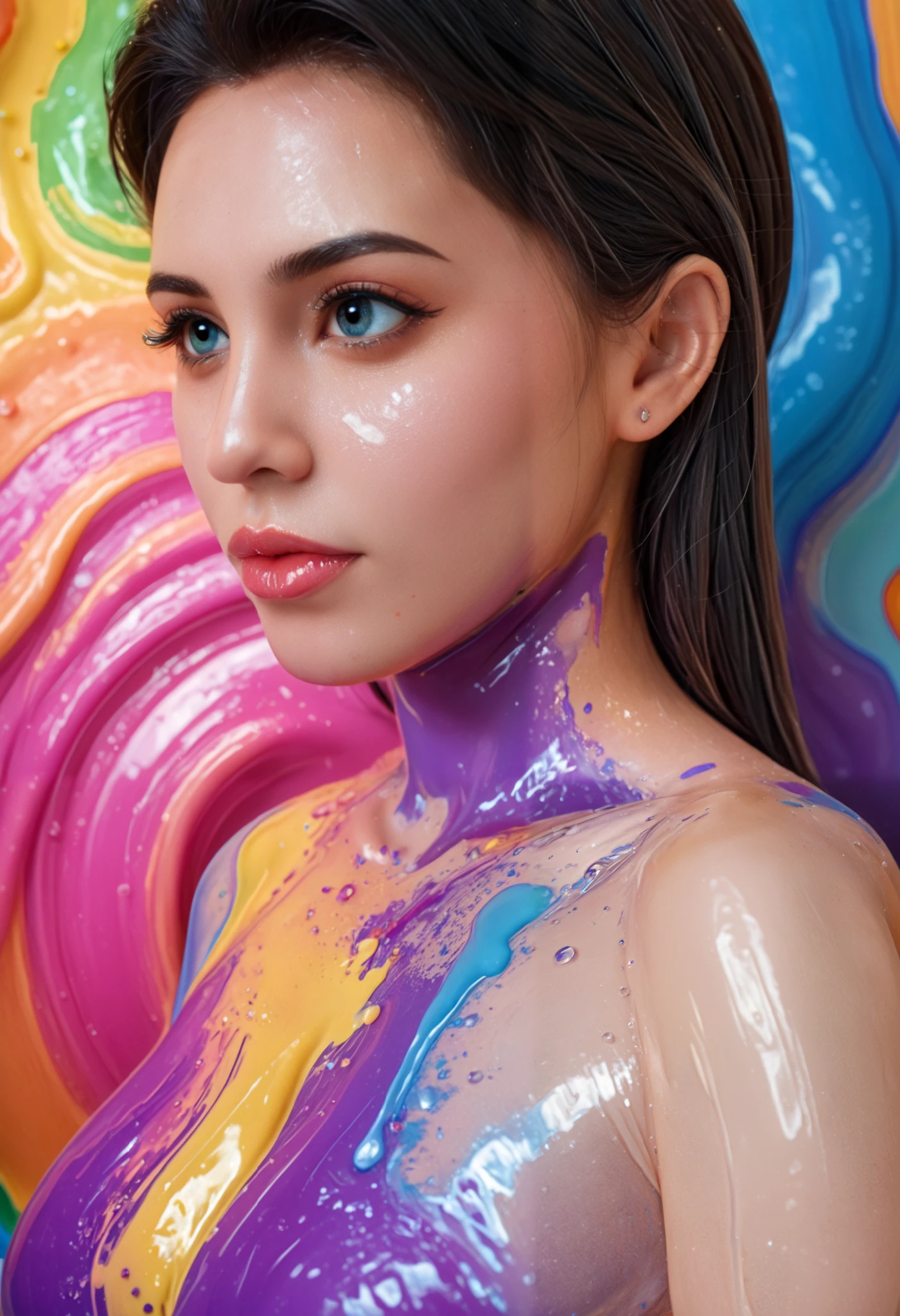 best quality 、high quality 、 highest resolution、High Resolution、8K quality、high definition 、best quality、 masterpiece 、 movie-like images、 Immersive Footage 、 Very realistic looking image 、Realistic Images、 perfect detail 、 high contrast 、High fidelity、 perfect picture、Close to reality、 images reproduced in detail、Detailed and realistic human body、Detailed and realistic human skin、 realistic face down to the details、 eyes drawn realistically in detail 、 Realistic lips drawn down to the smallest detail 、 detailed and realistic teeth、Realistic ears、 Realistic hair 、((Japanese models))、((adult woman))、((Mature Woman))、((adult face))、(( black hair))、((Big Breasts))、((Slim and Perfectly Mature Bodies))、(((with shiny skin covered in oil all over)))、(((Body Art)))、(((Liquid Art)))、(((Mucus Art )))、(((Apply colorful slime all over skin)))、(((Apply colorful paint liquid all over skin)))、(((Apply colorful oil paint all over skin)))、(((Apply colorful oil all over skin)))、(( subject close-up ))